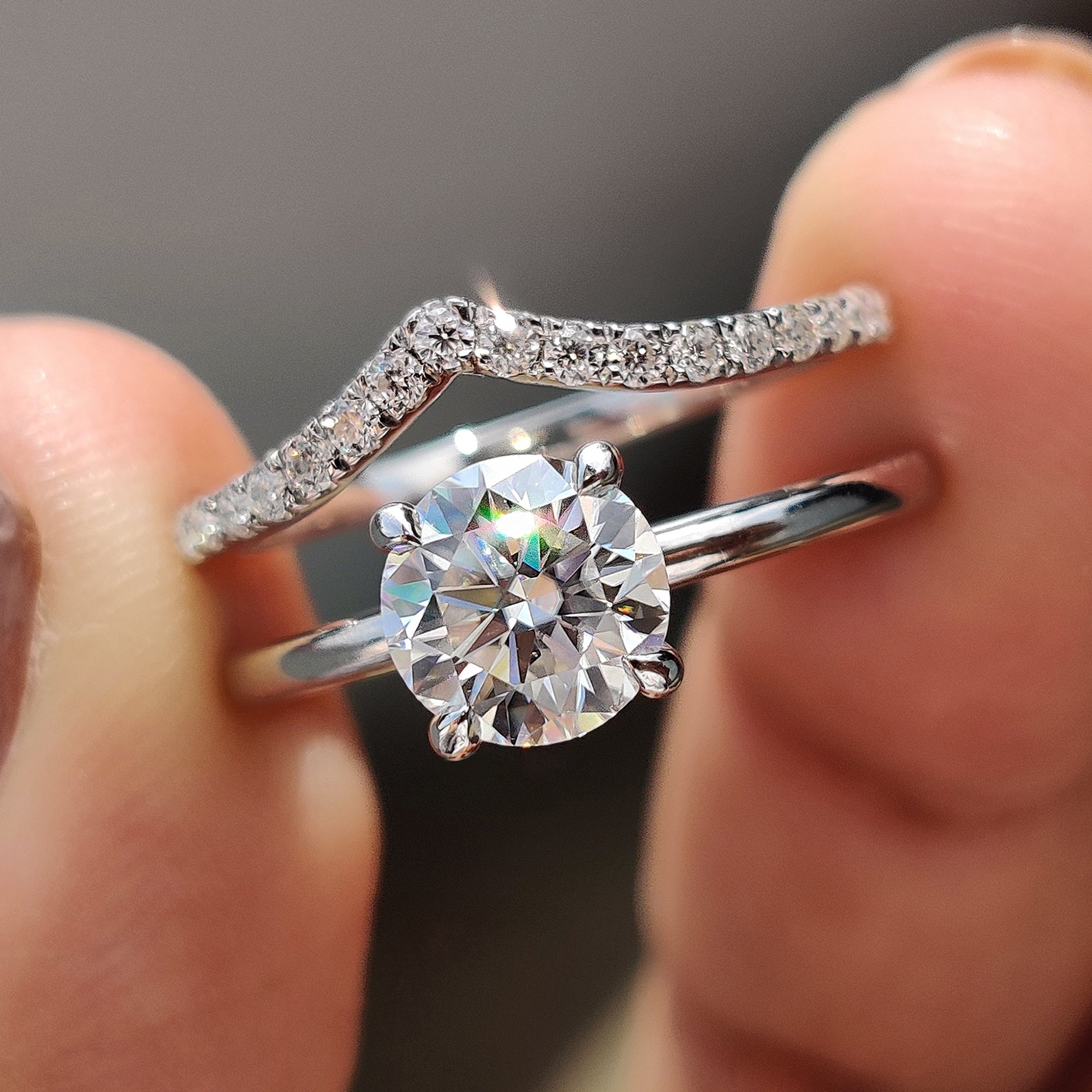 Round Cut Moissanite White Gold Bridal Set With V Shaped Band