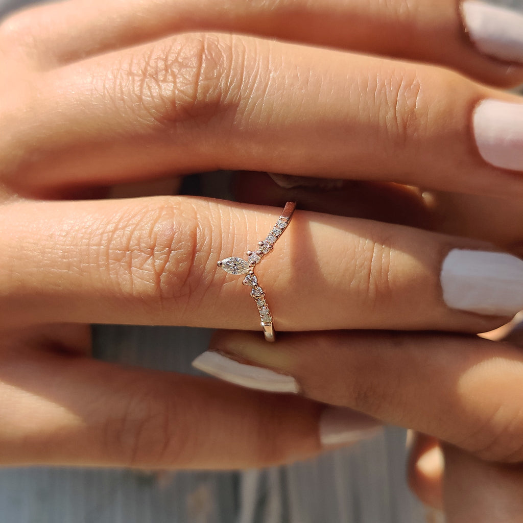 Chevron Wedding Band In Marquise Cut Moissanite