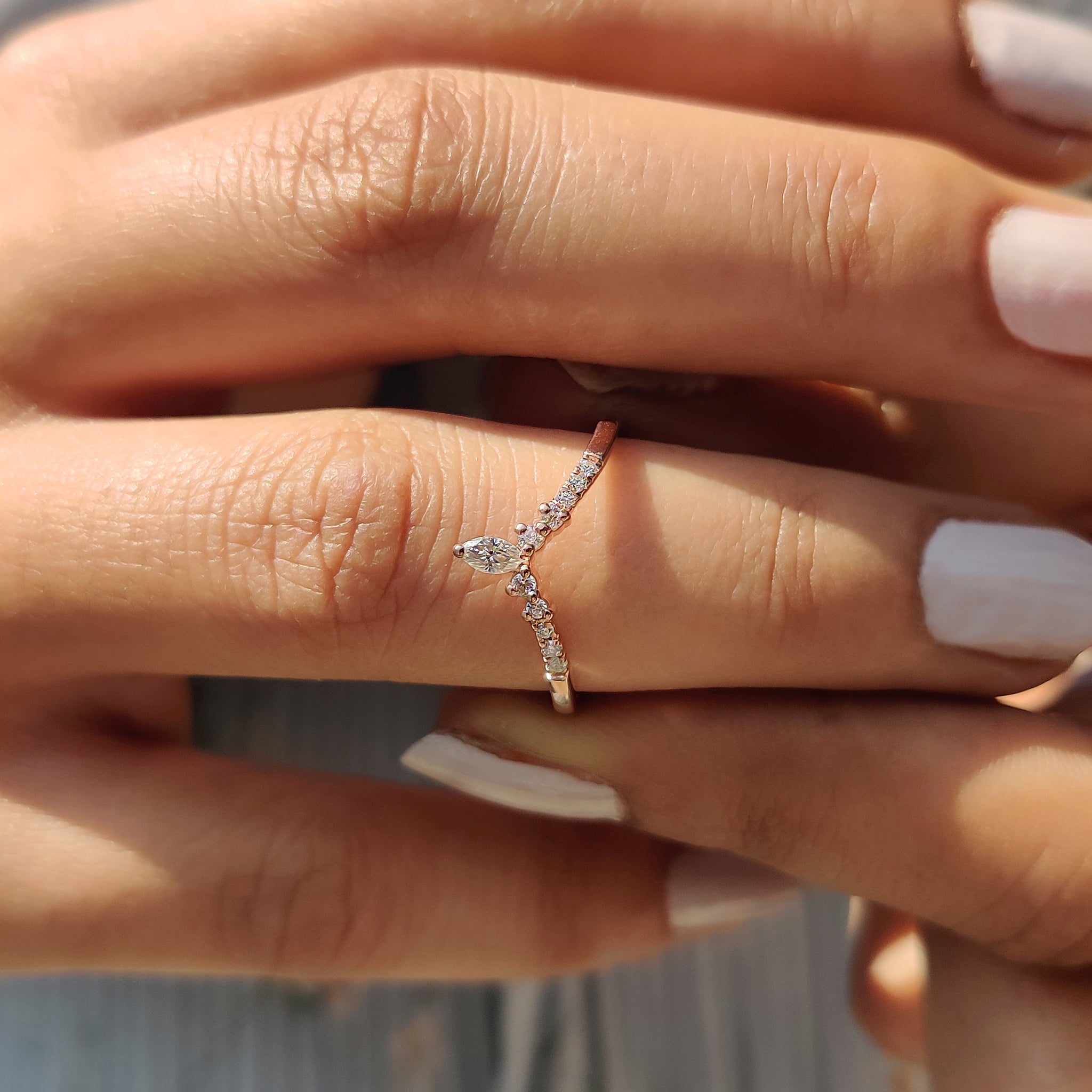 Chevron Wedding Band In Marquise Cut Moissanite
