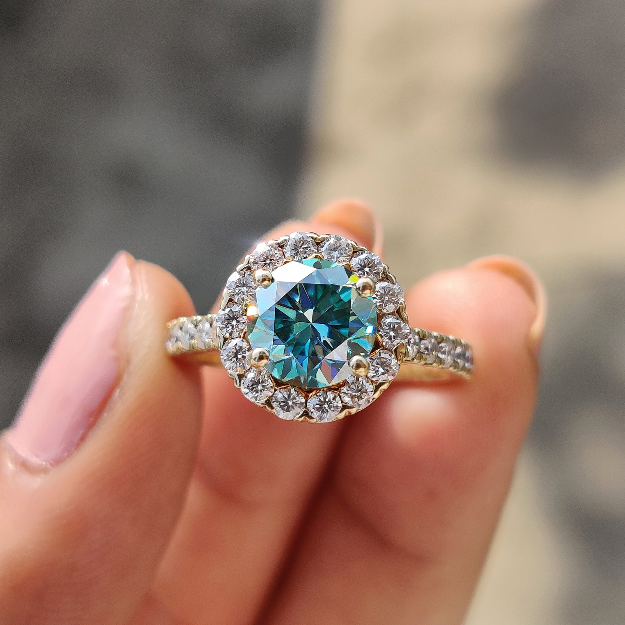 Cyan Blue Moissanite Round Cut Ring Main image