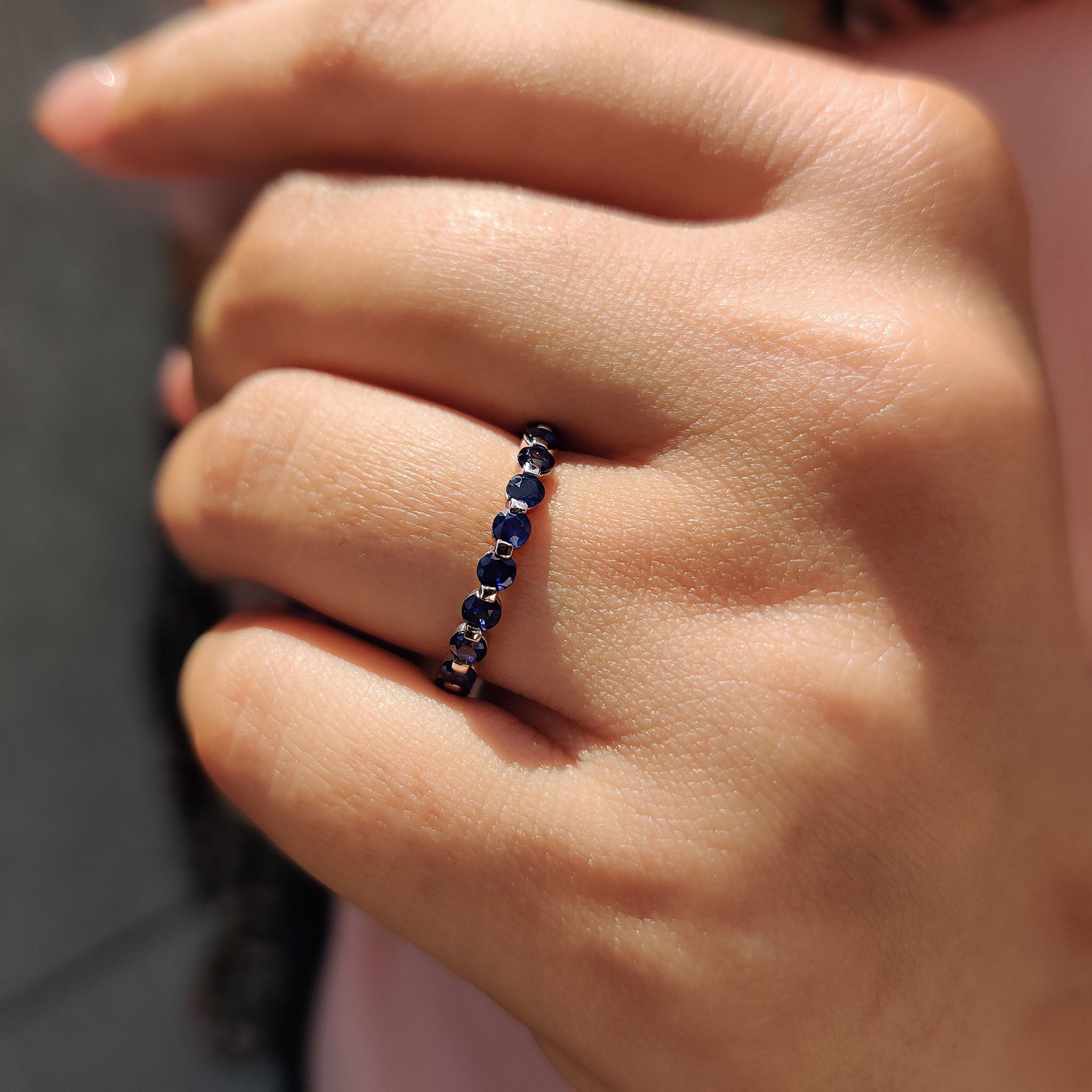 Round Cut Blue Sapphire Wedding Band