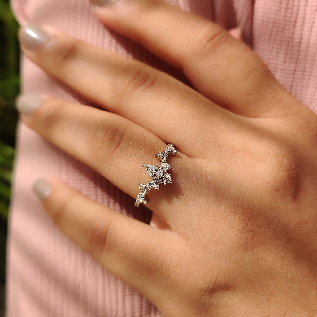Pear Cluster Diamond Ring In Curved Style
