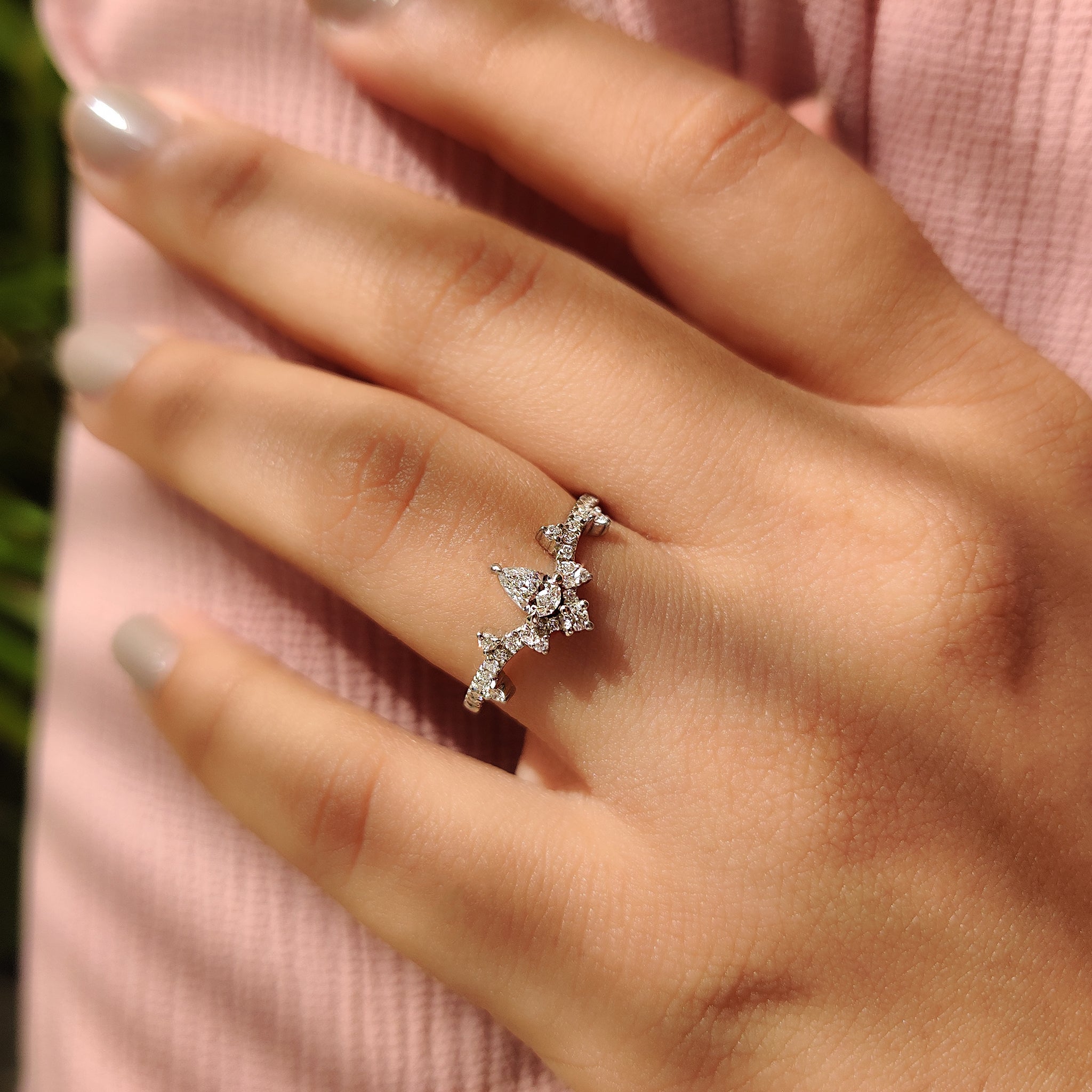 Pear Cluster Diamond Ring In Curved Style