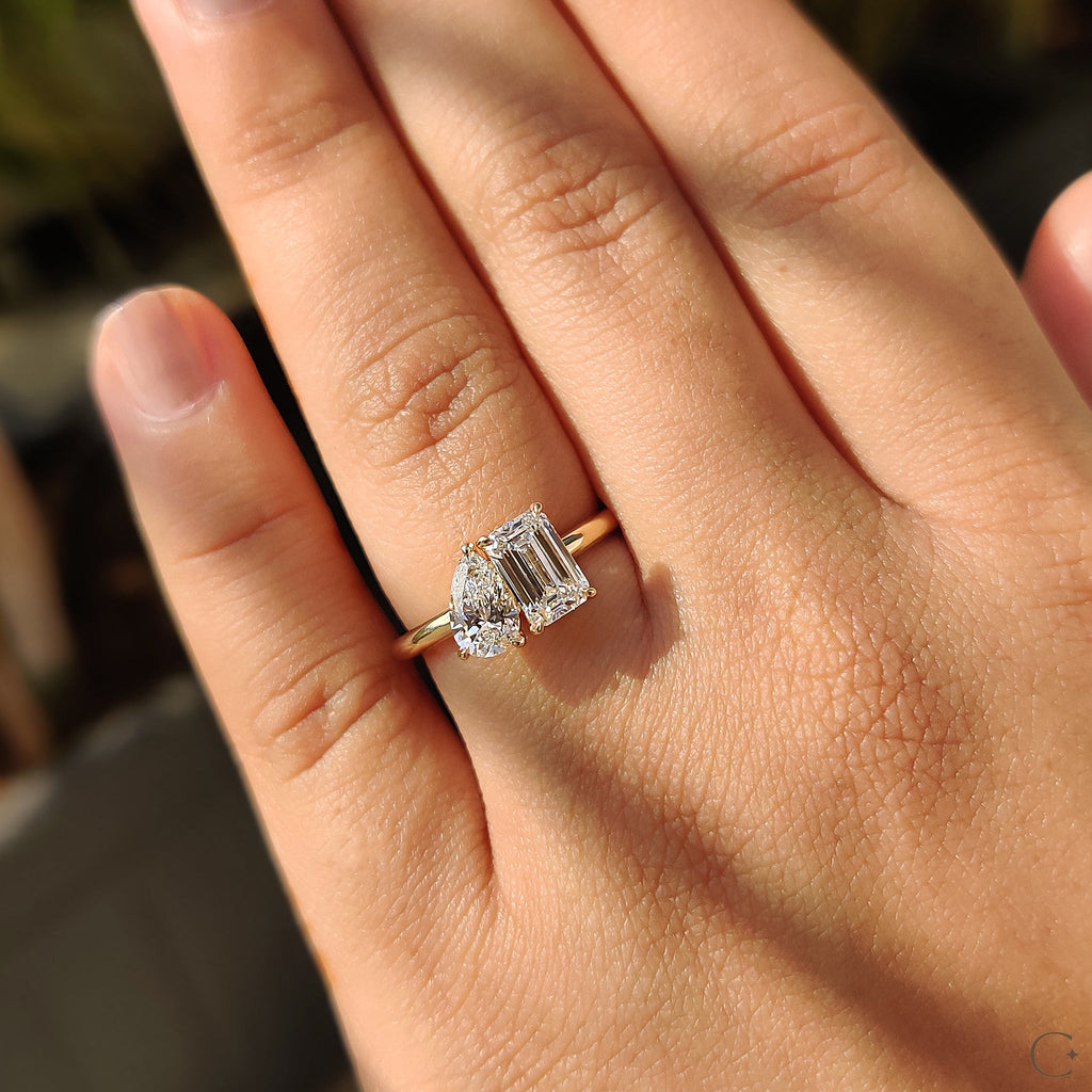 Emerald And Pear Engagement Ring In Toi Et Moi Style