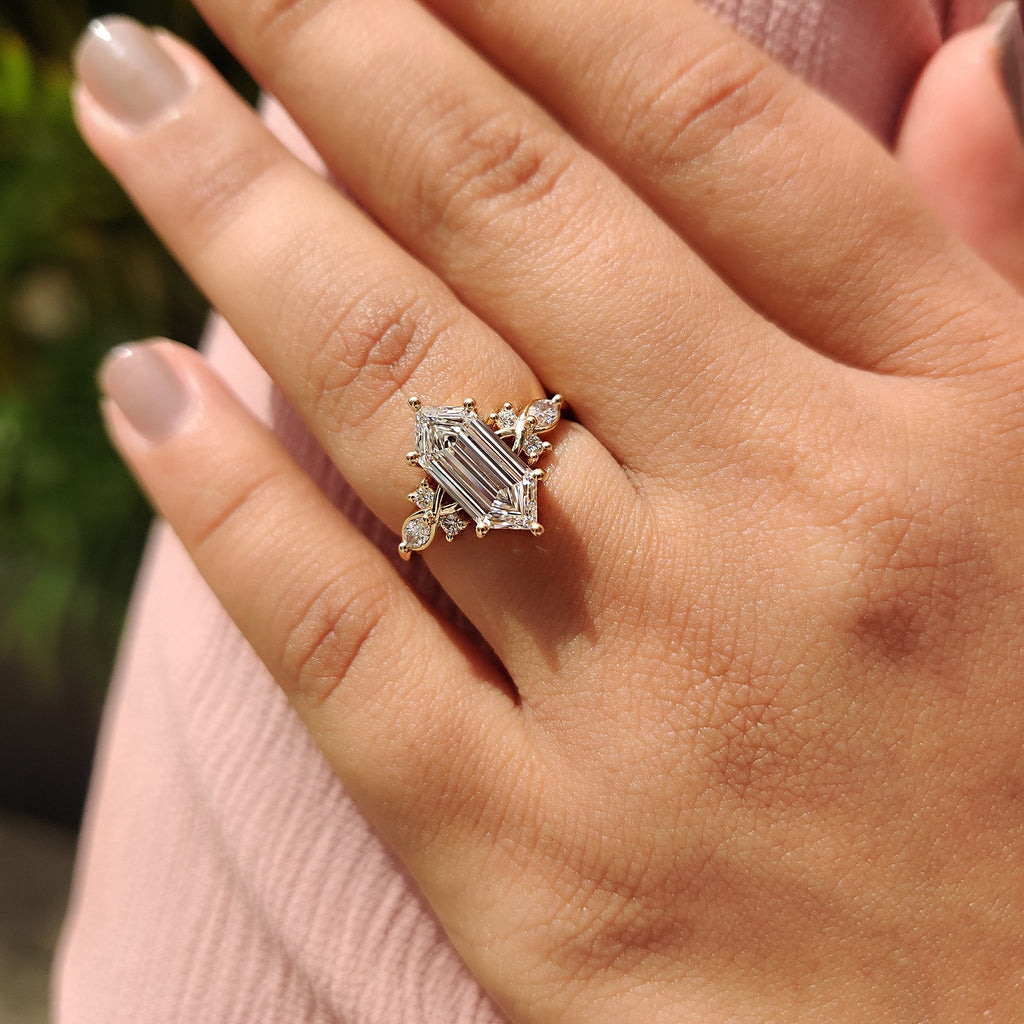 Elongated Hexagon Engagement Ring In Cluster Style