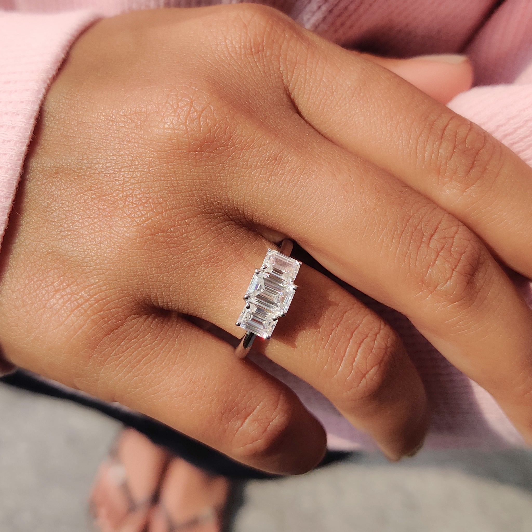 Emerald Cut Moissanite 3 Stone Engagement Ring Main image