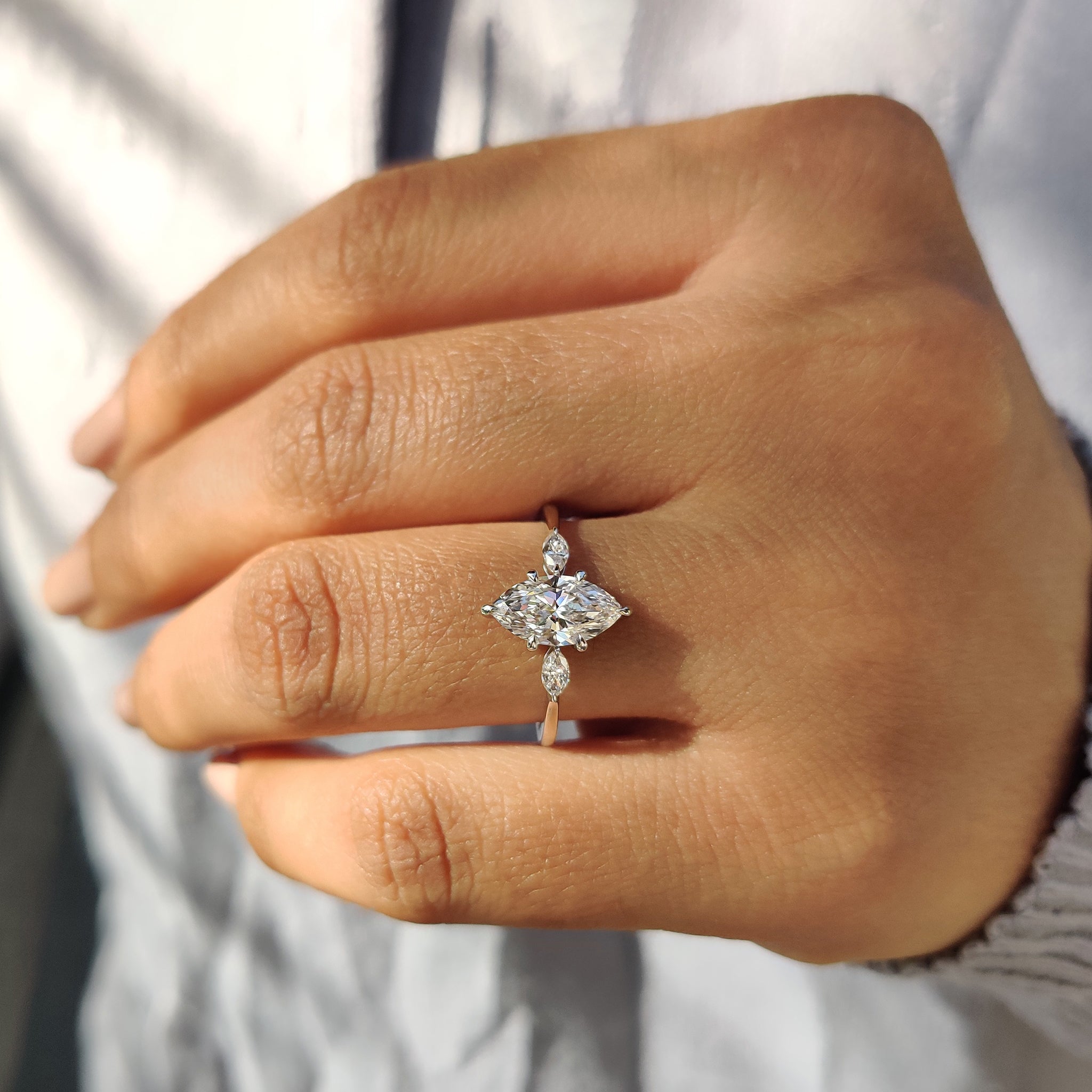 3 Stone Marquise Diamond Ring In Yellow Gold