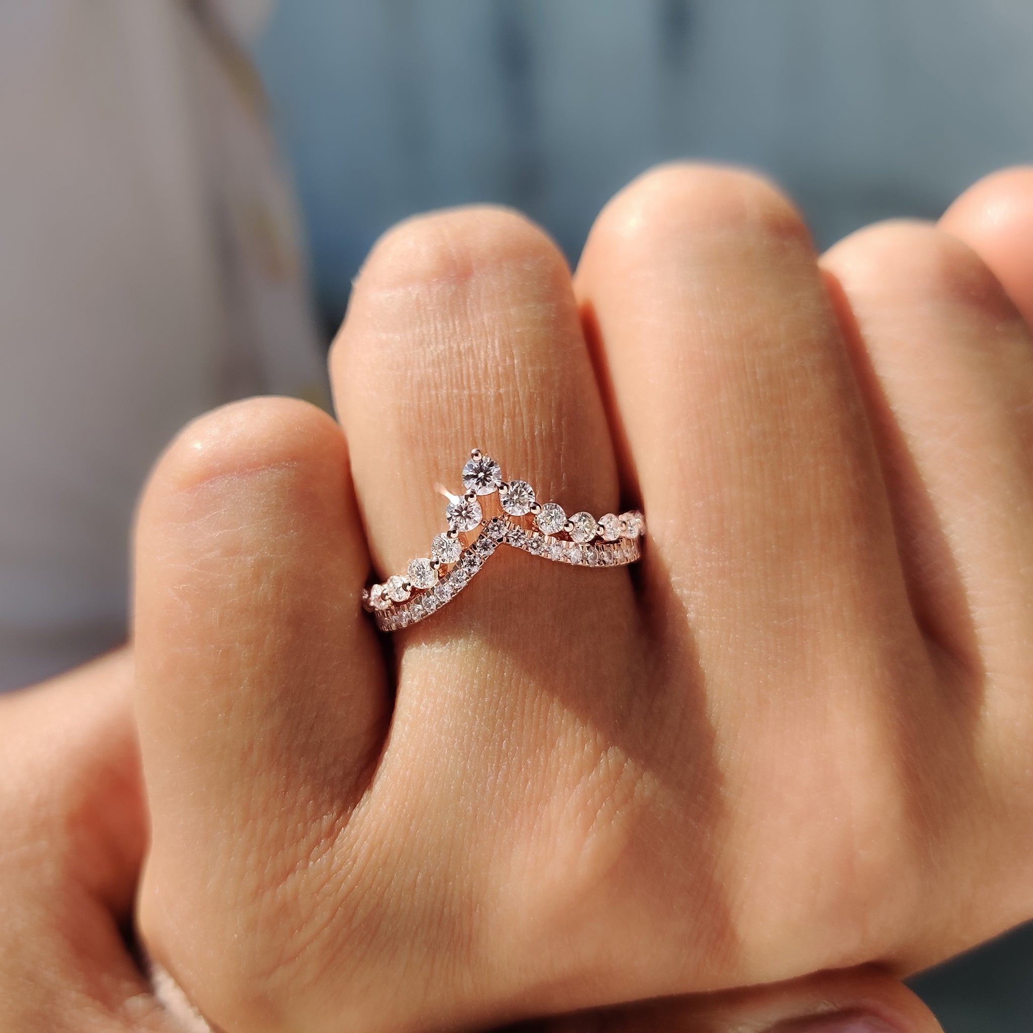 Round Cut Stackable Wedding Band In Double Row Chevron Style