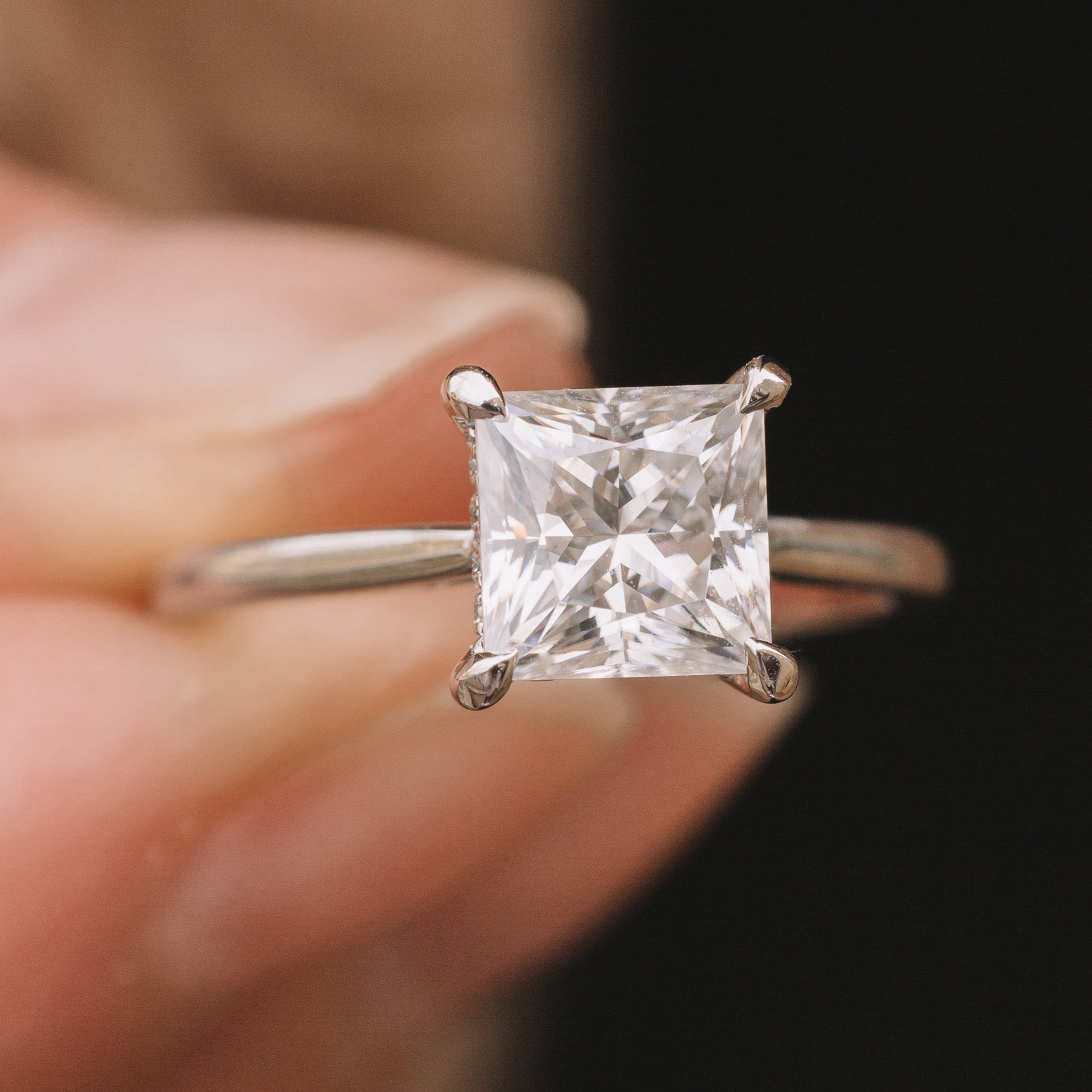 1.90 CT Princess Cut Hidden Halo Moissanite Engagement Ring