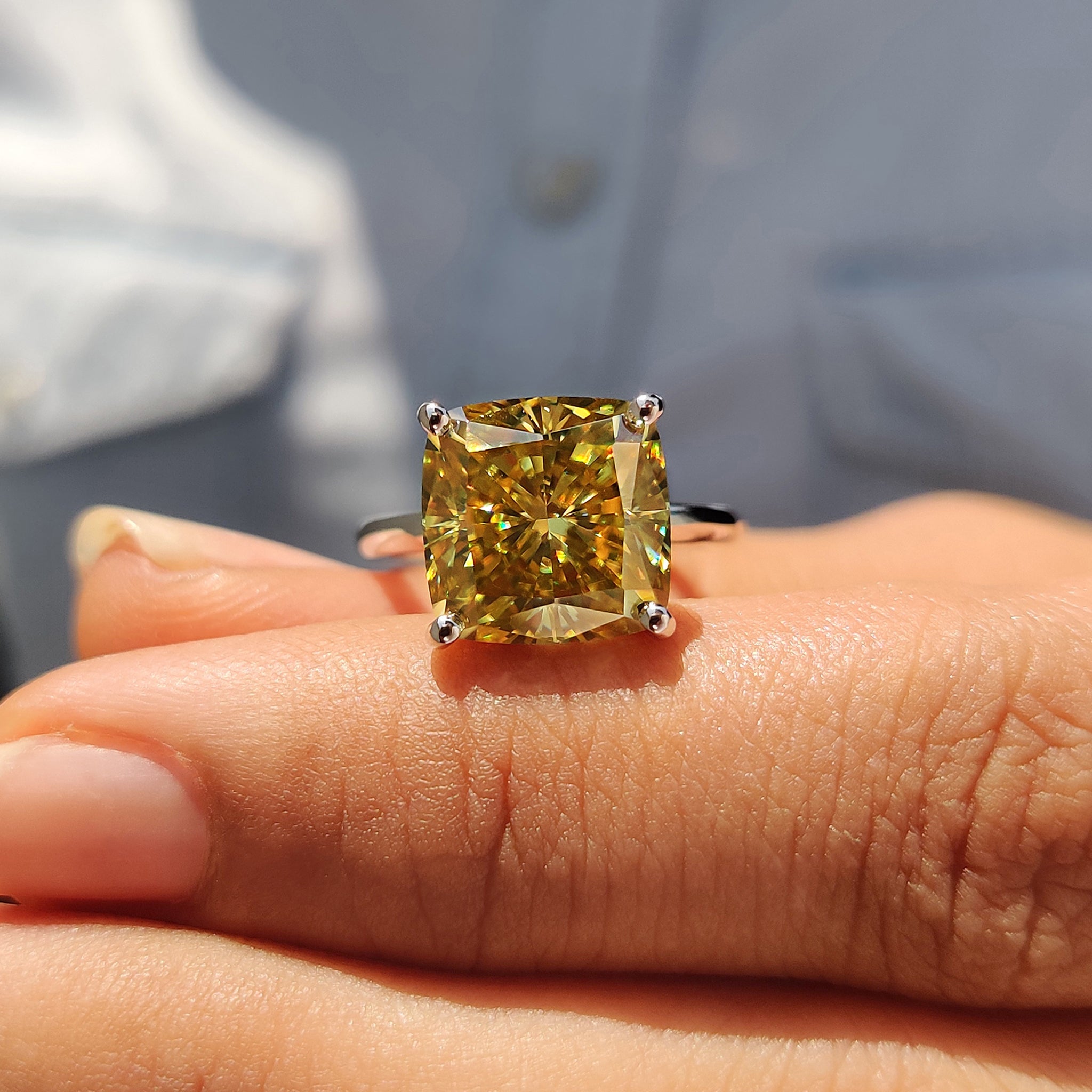 Canary Yellow Cushion Cut Solitaire Ring In Round Prong Setting