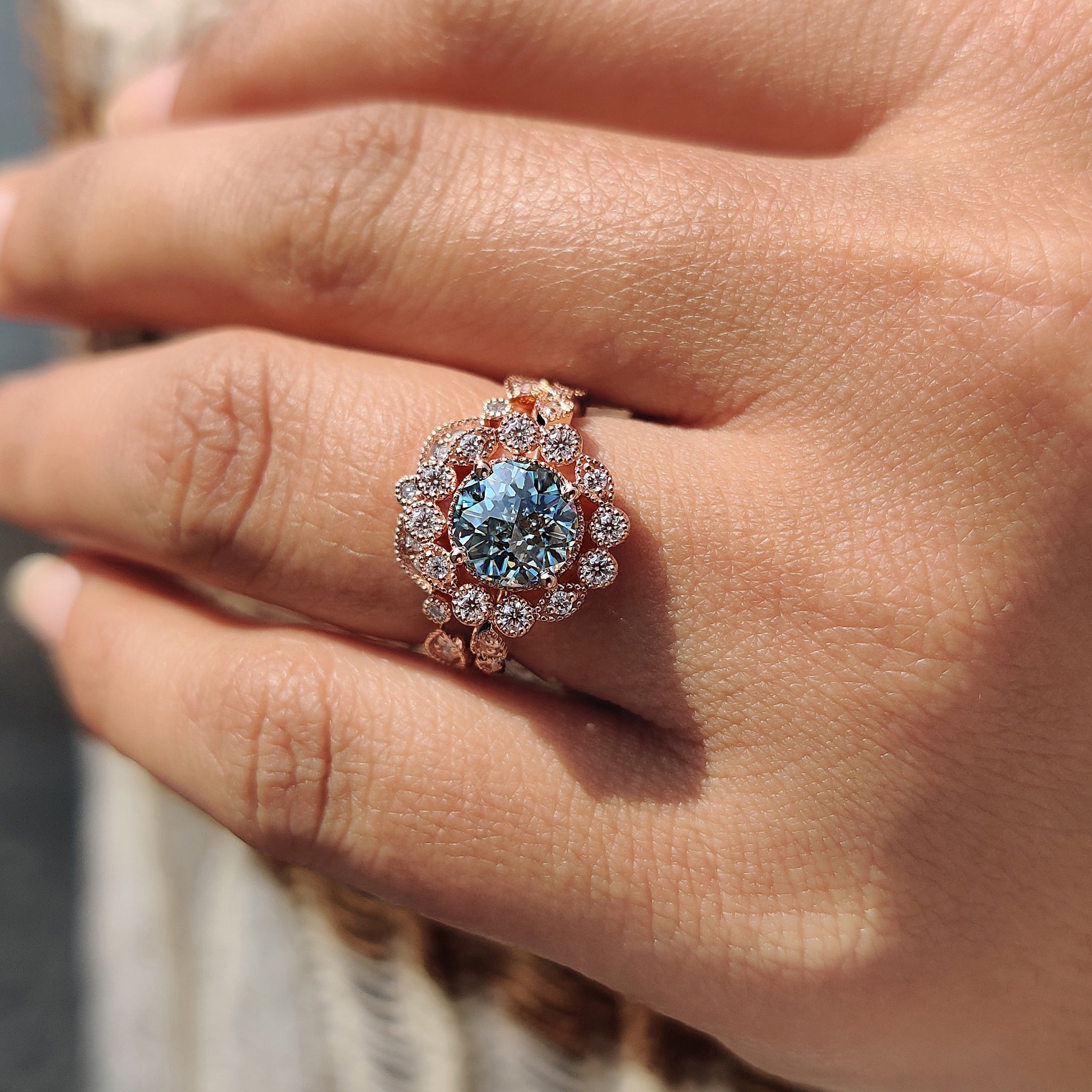 Vintage Bridal Set With Cyan Blue Moissanite Ring