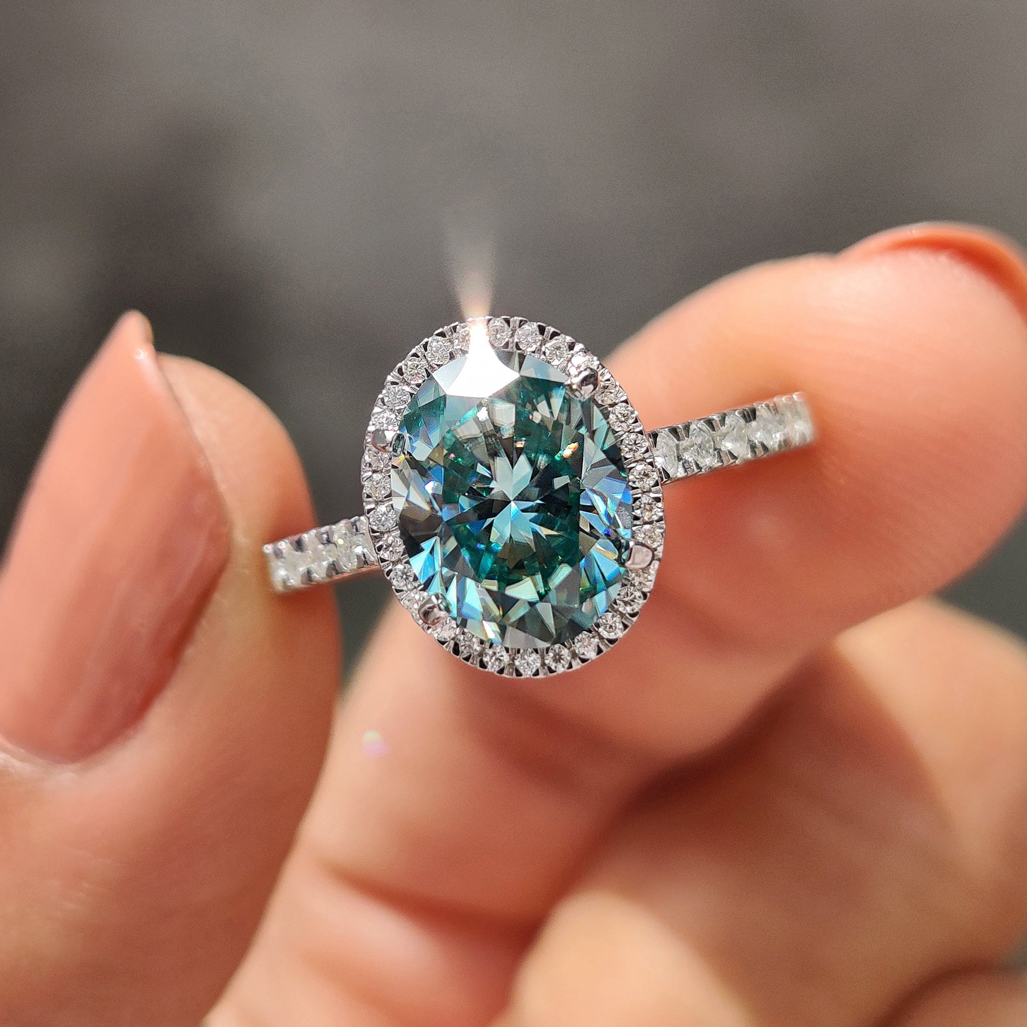 Oval Halo Engagement Ring With Cyan Blue Stone Main image