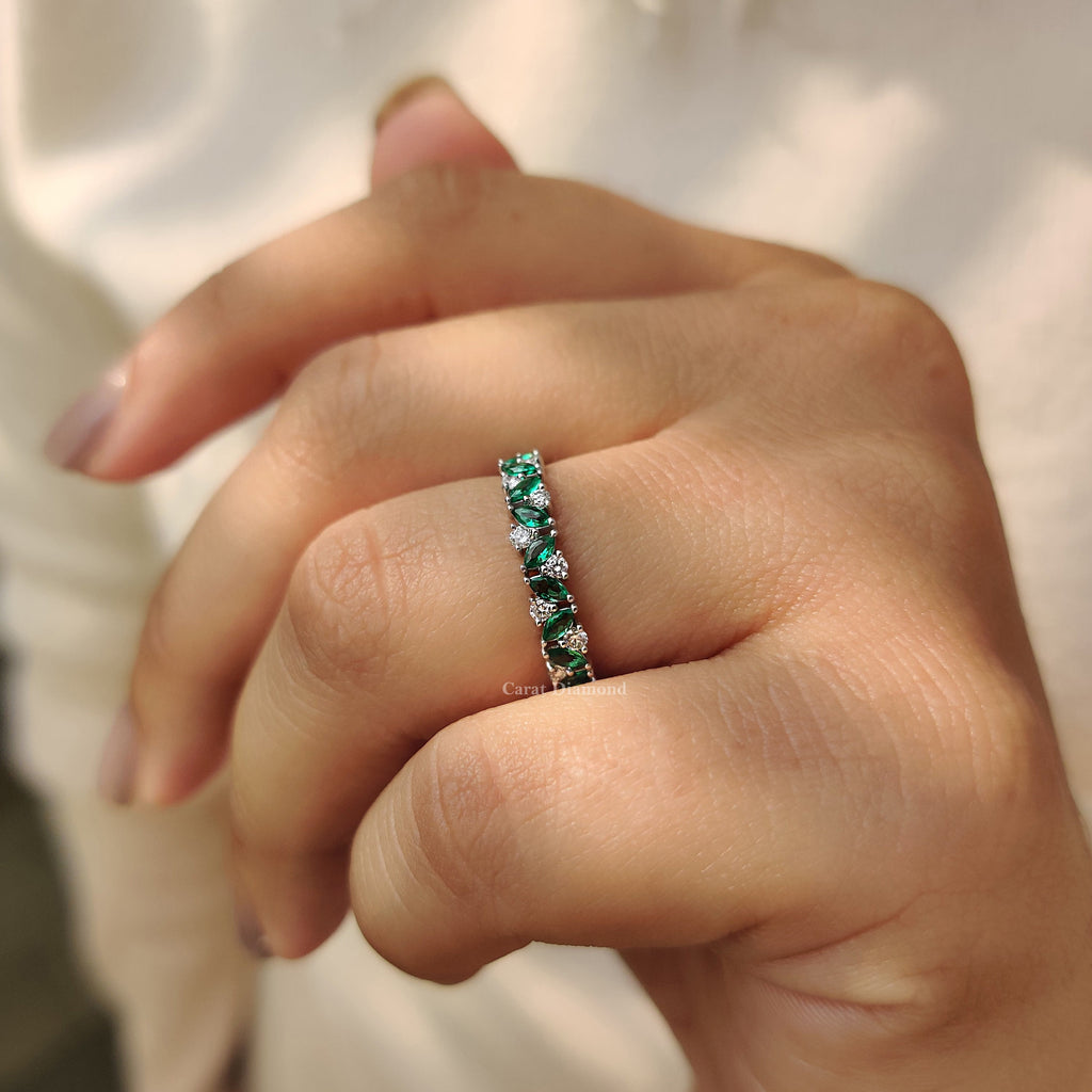 Marquise Cut Green Emerald Zig Zag Wedding Band