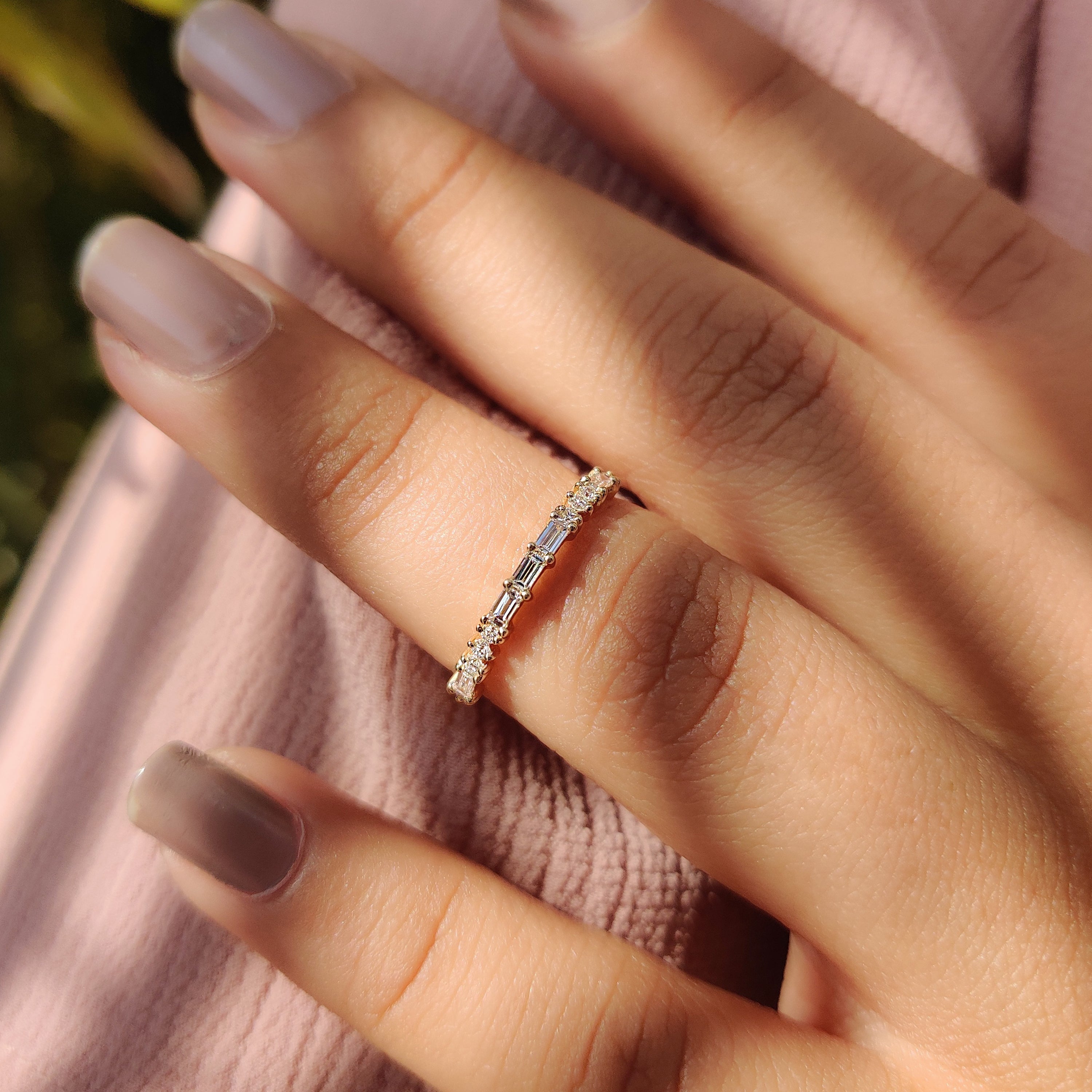 Yellow Gold Baguette And Round Diamond Band