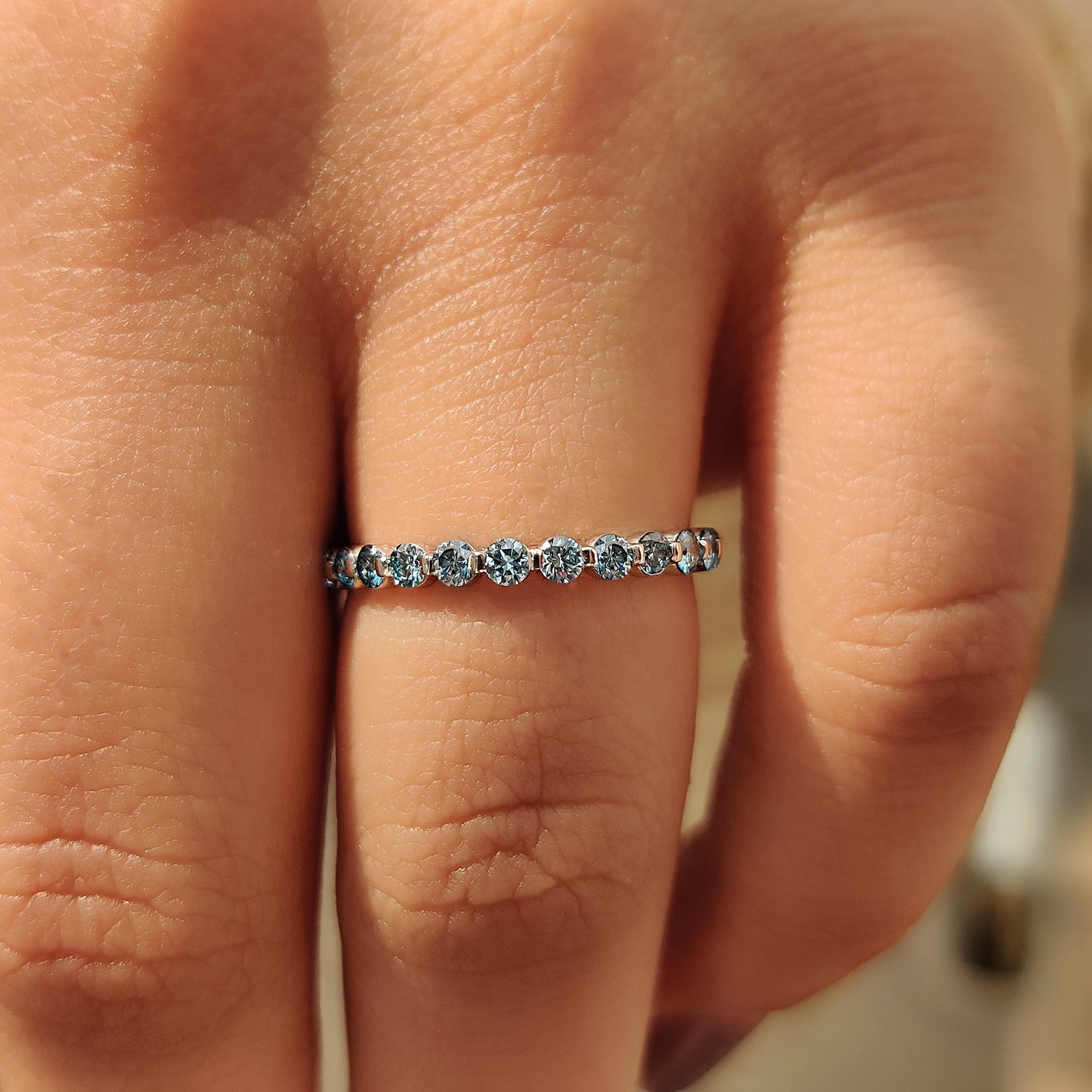Blue Diamond Wedding Band In Shared Prong Style