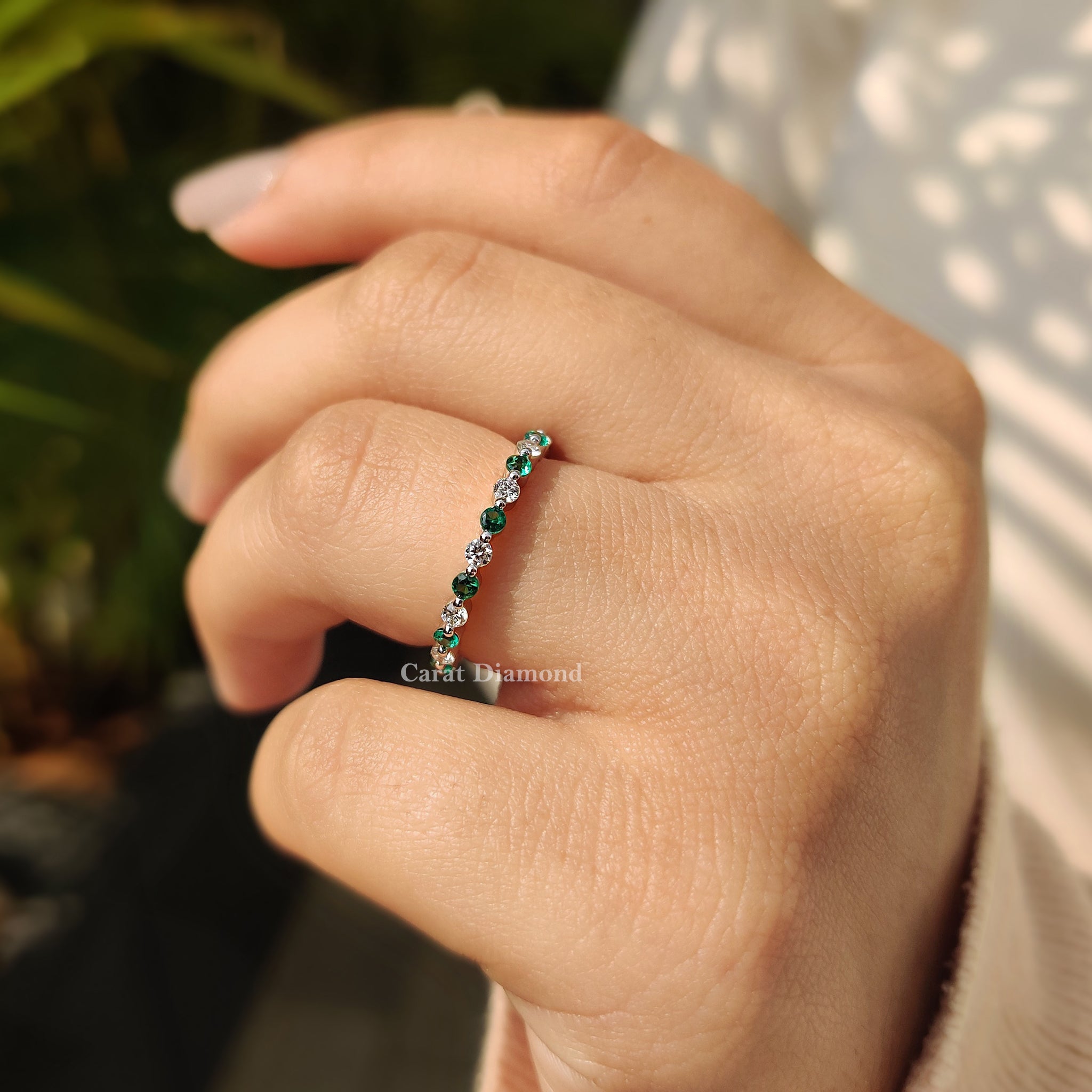 Green Emerald and Diamond Wedding Band