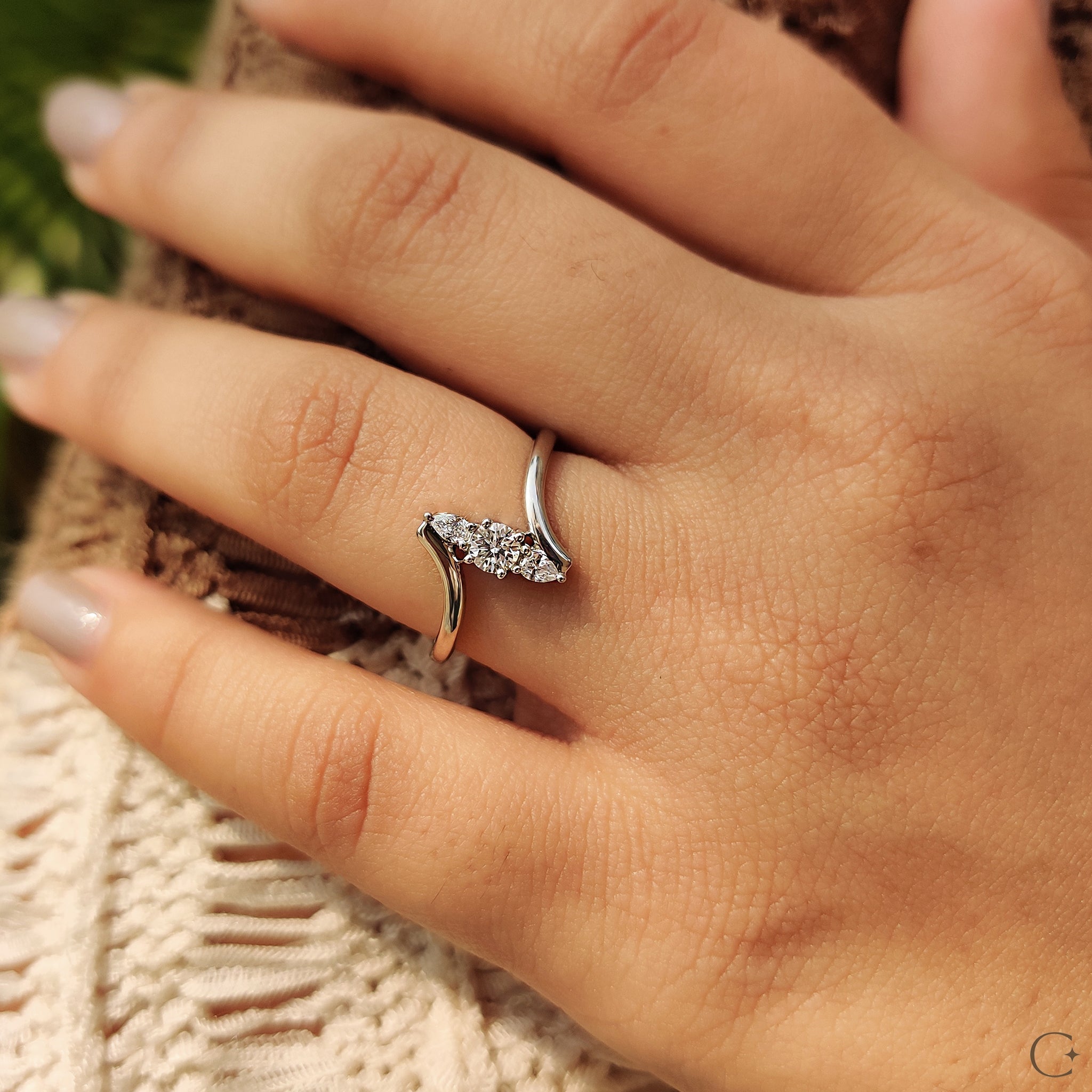 Bypass Engagement Ring With Round And Pear Diamond