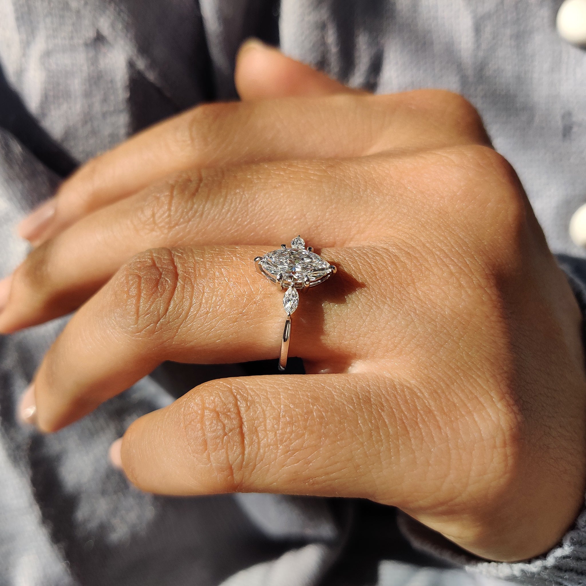 3 Stone Marquise Diamond Ring In Yellow Gold