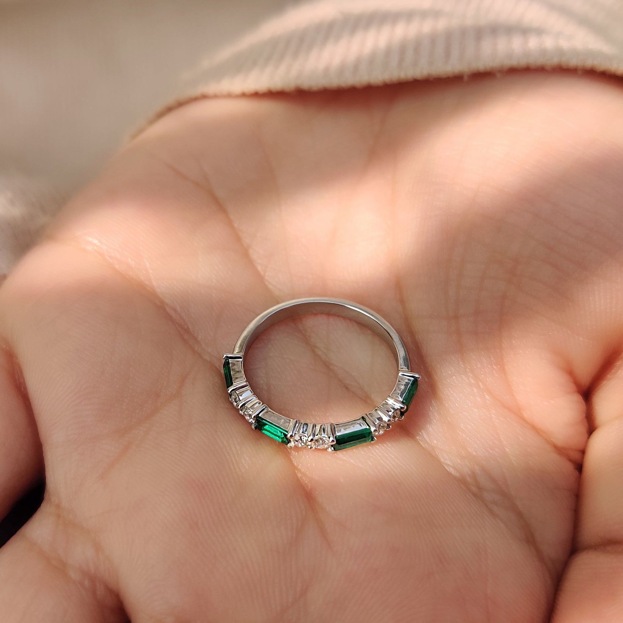 Emerald And Diamond Wedding Band In Half Eternity