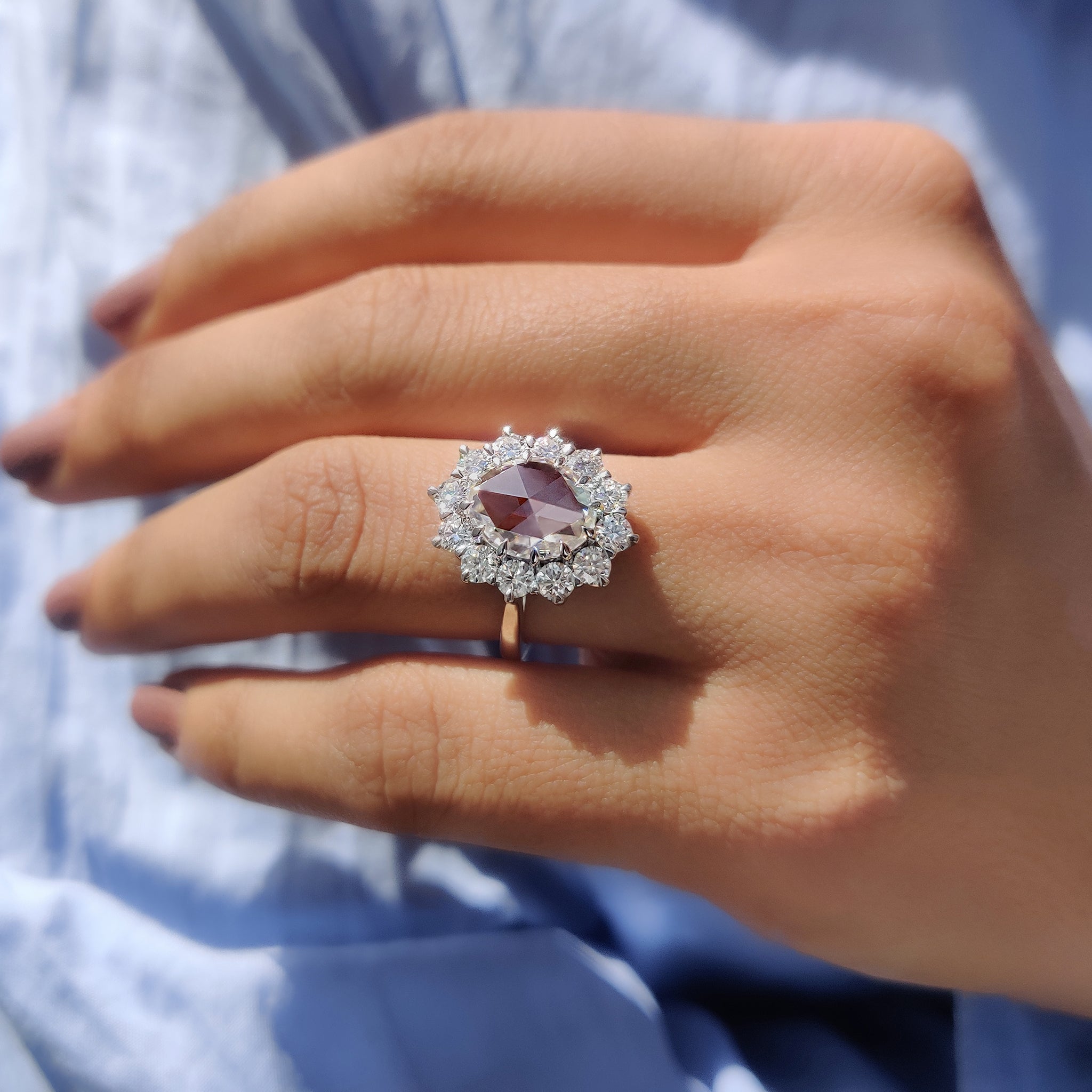 Oval Rose Cut Engagement Ring In Cluster Halo Style Secondary image