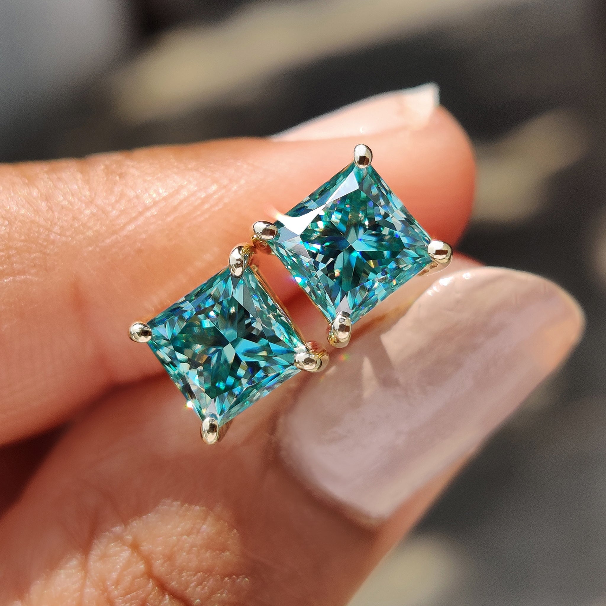 Cyan Blue Princess Cut Moissanite Earrings Main image