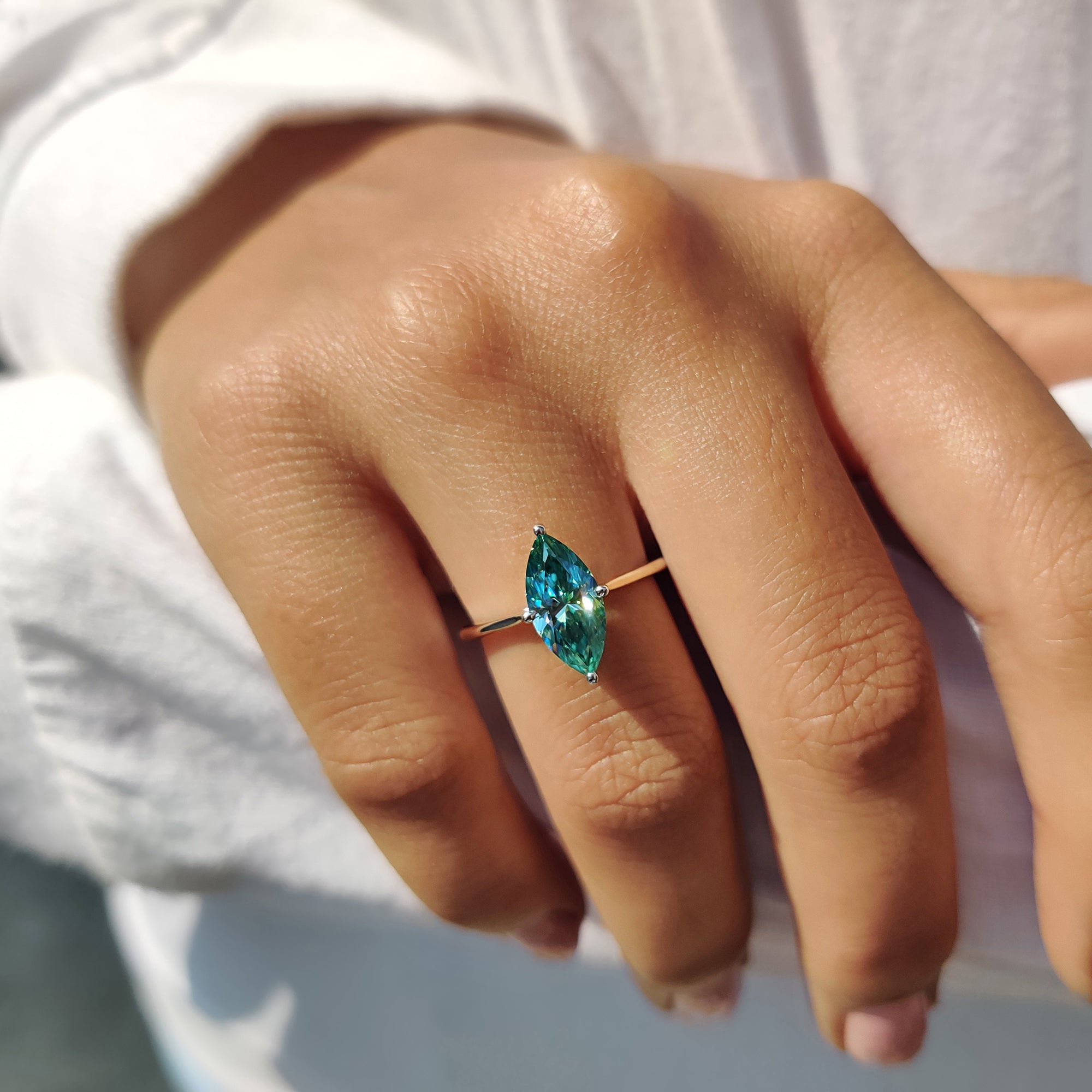 Cyan Blue Marquise Cut Engagement Ring