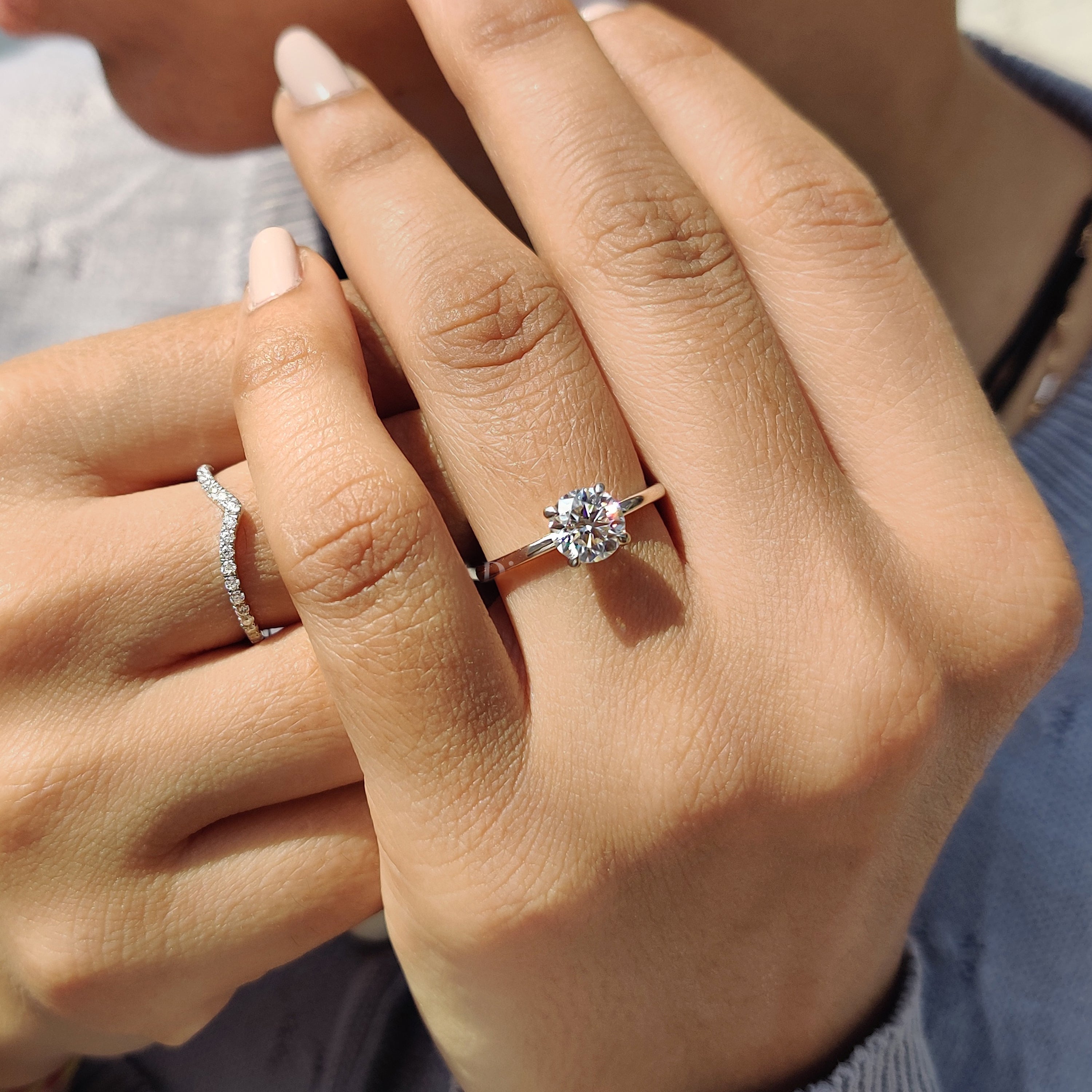 Round Cut Moissanite White Gold Bridal Set With V Shaped Band Secondary image