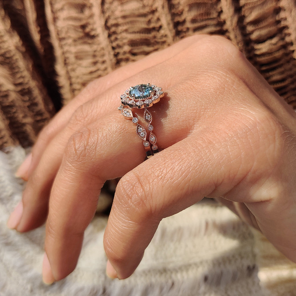 Vintage Bridal Set With Cyan Blue Moissanite Ring