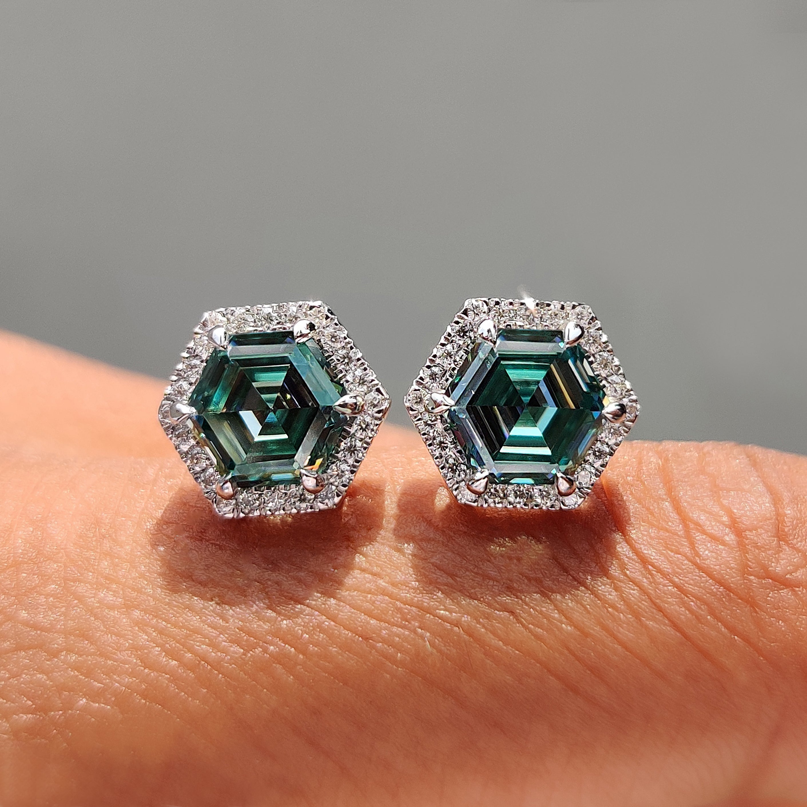 Cyan Blue Hexagon Step Cut Earrings In Halo Style Main image