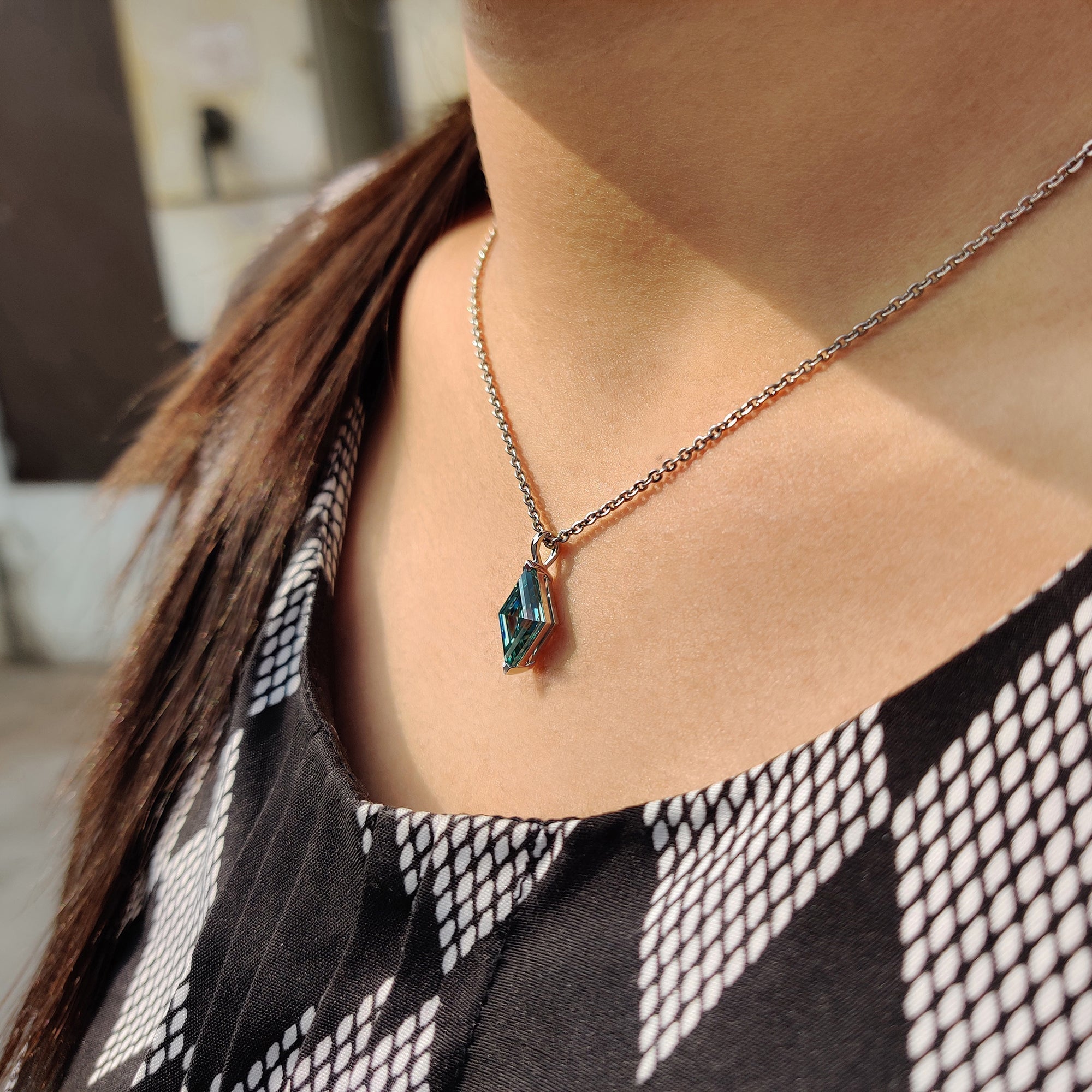 Cyan Blue Lozenge Cut Moissanite Pendant