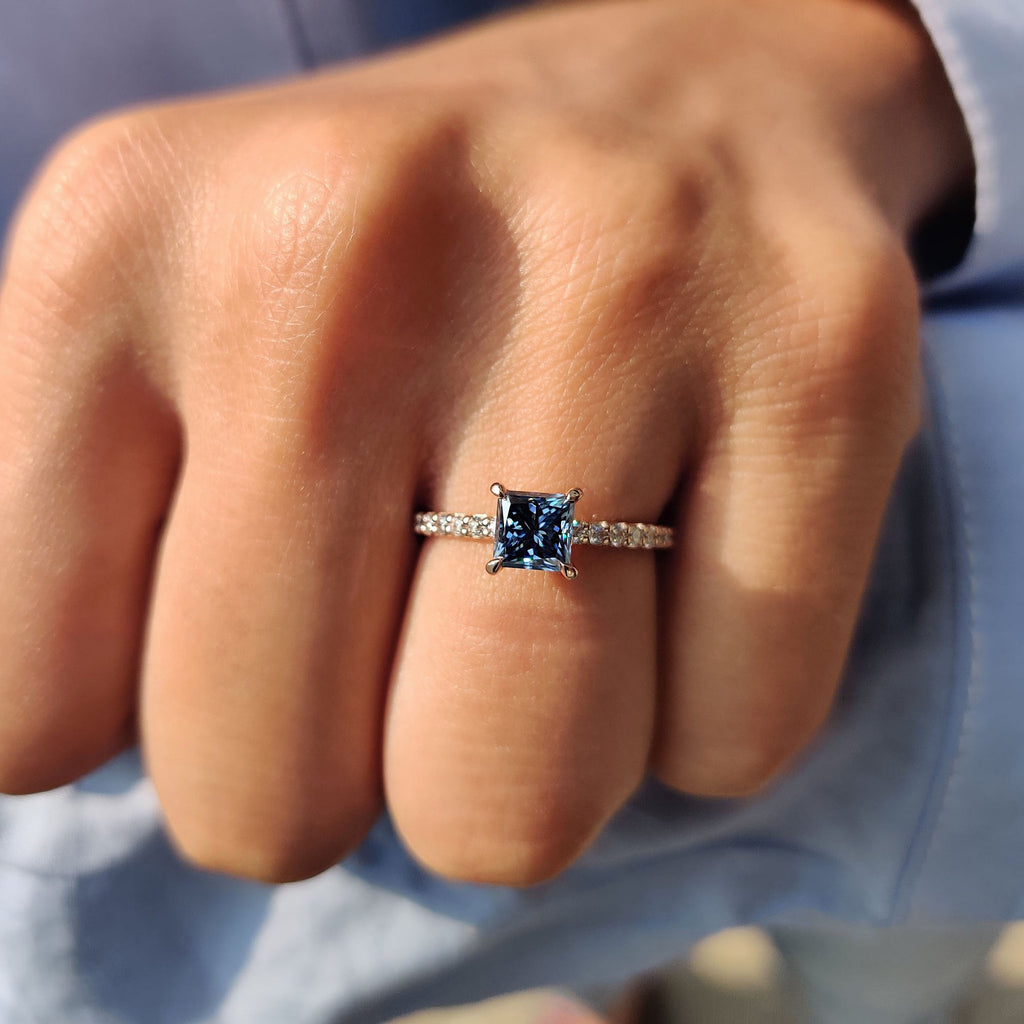 Royal Dark Blue Princess Cut Moissanite Ring