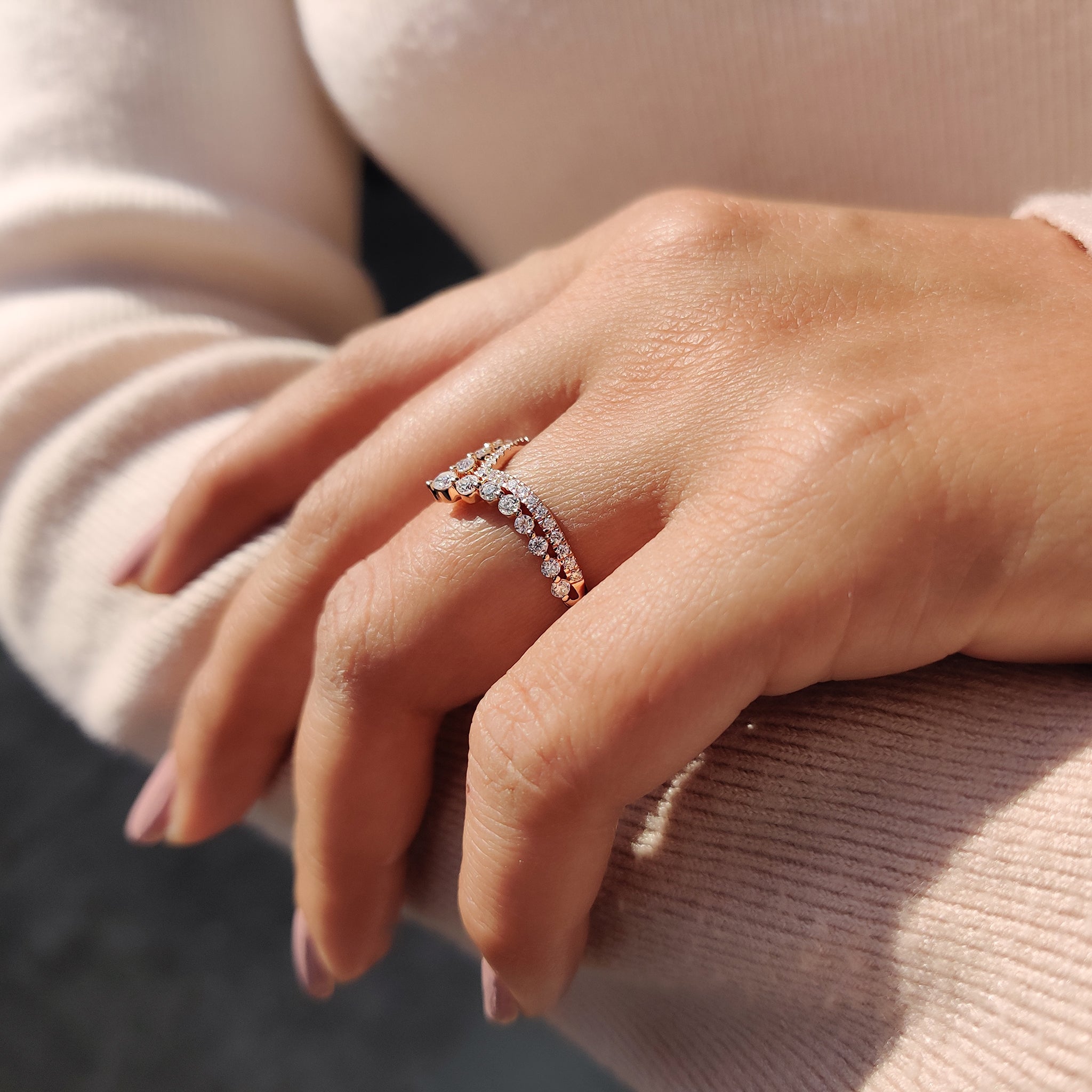Round Cut Stackable Wedding Band In Double Row Chevron Style