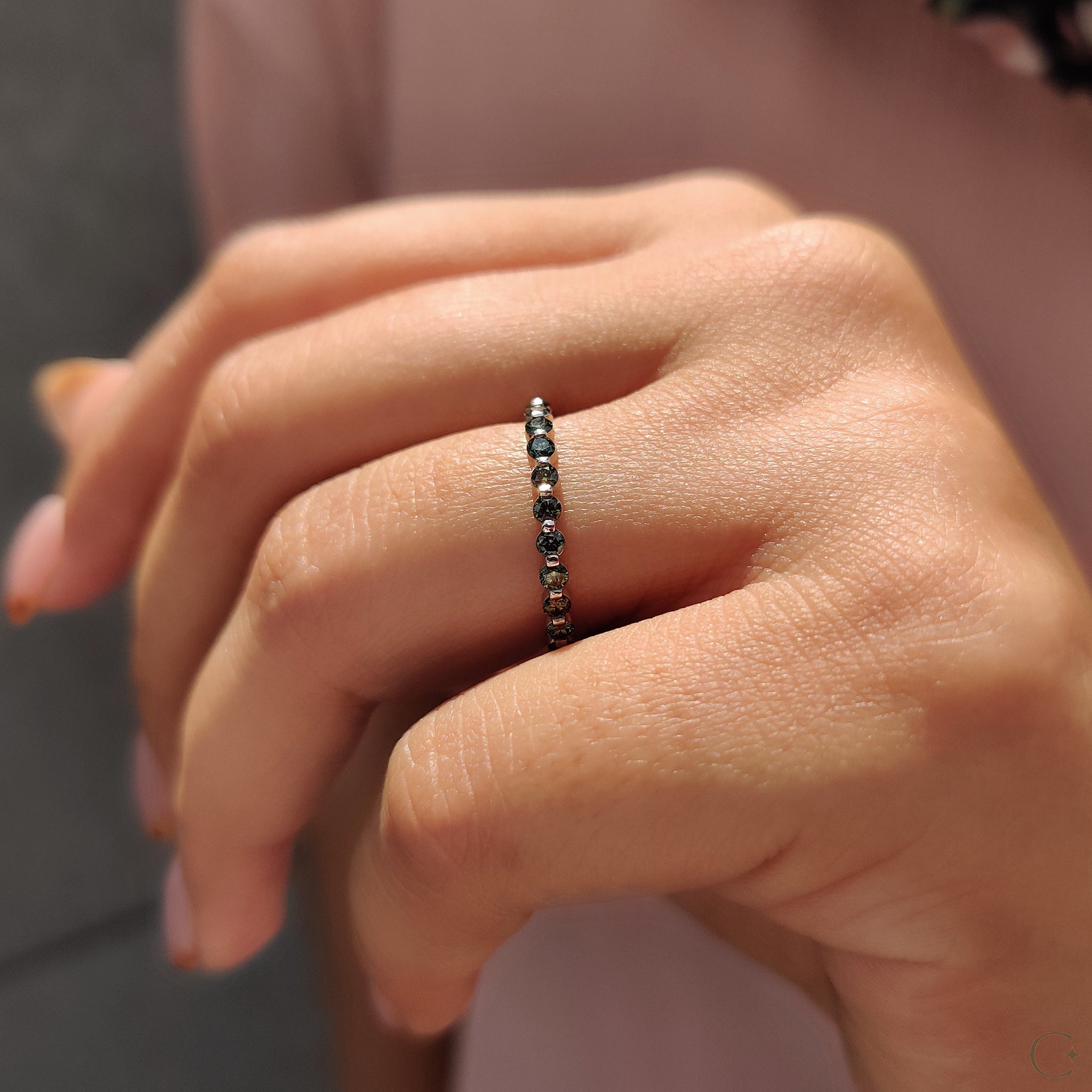 Dark Green Round Cut Full Diamond Eternity Band