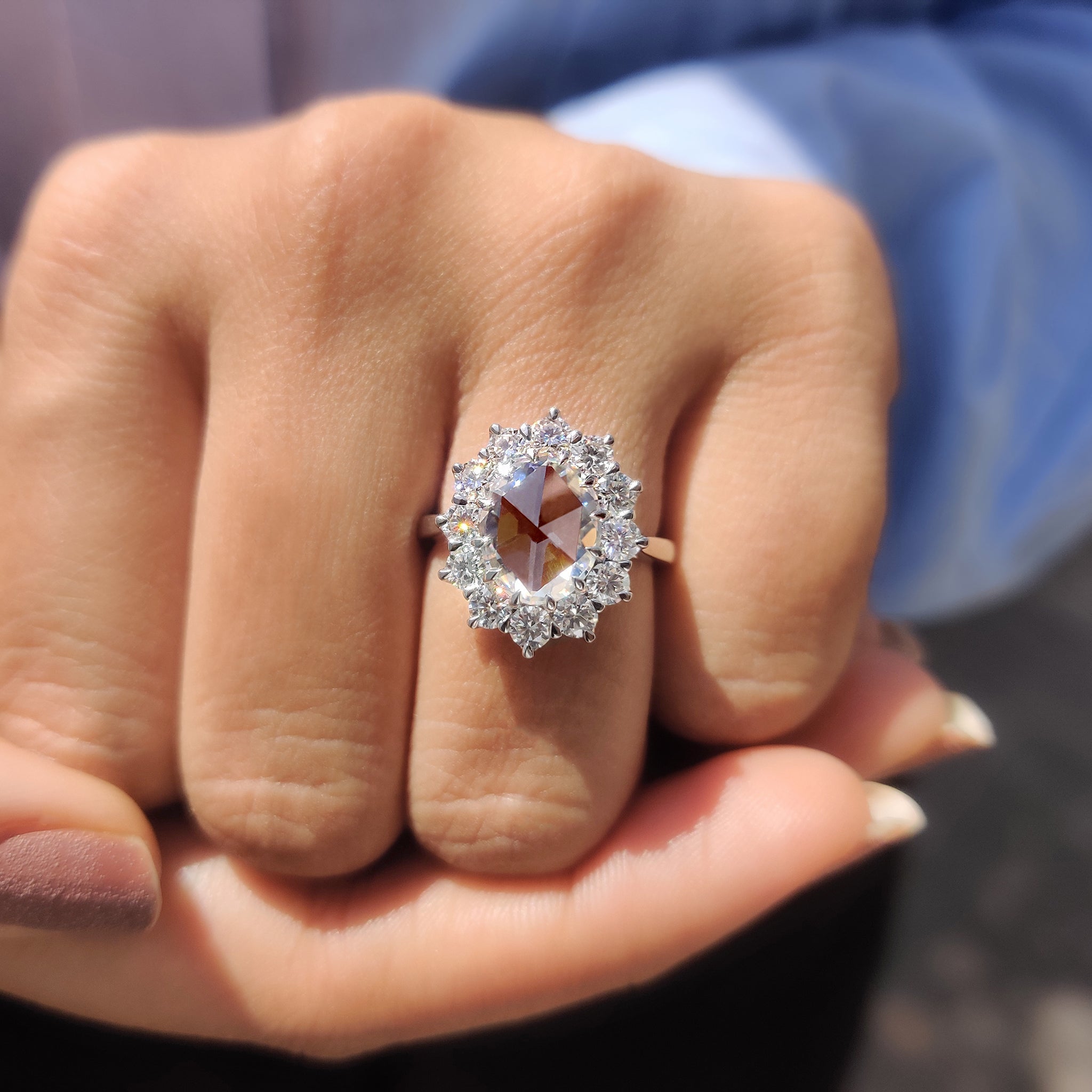 Oval Rose Cut Engagement Ring In Cluster Halo Style