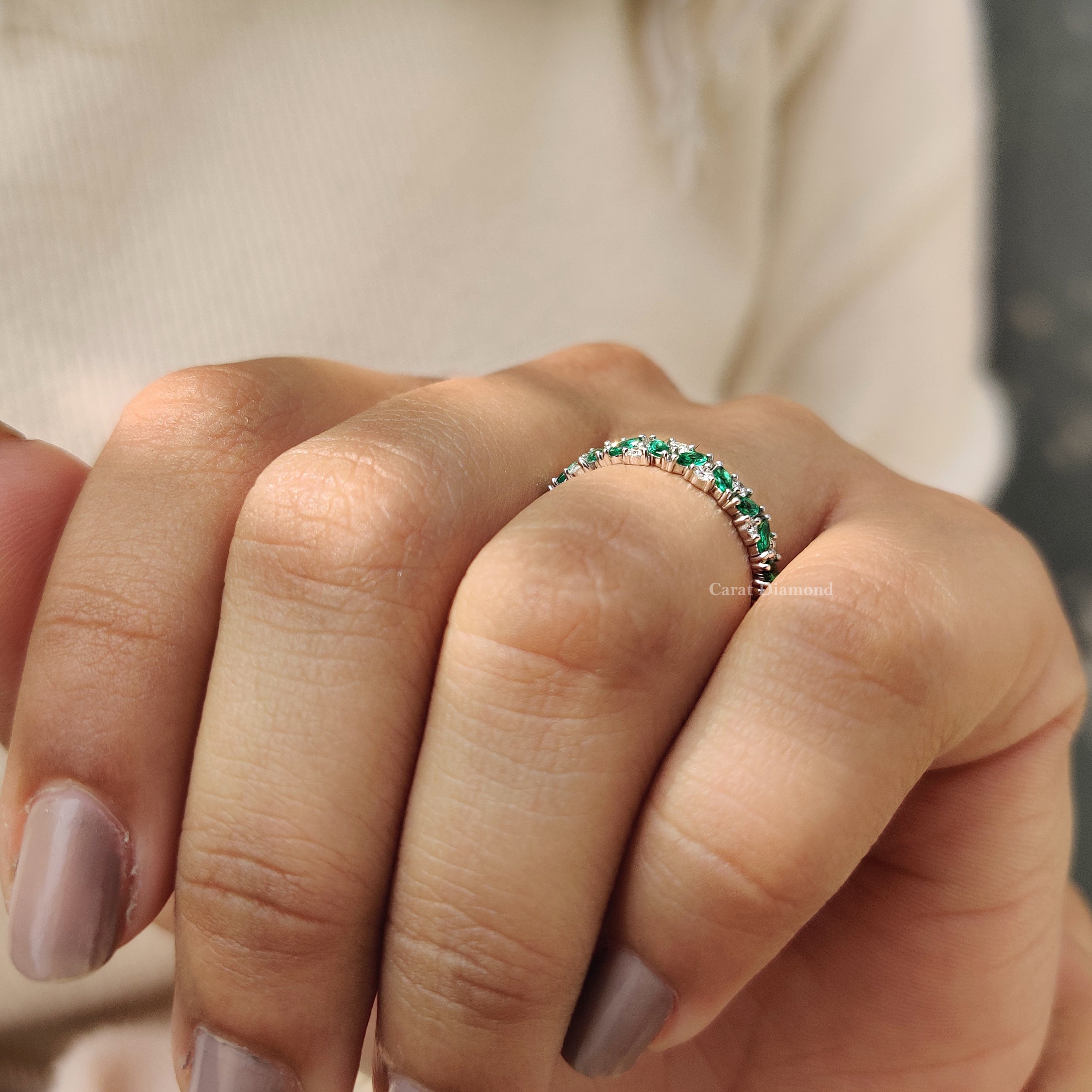 Marquise Cut Green Emerald Zig Zag Wedding Band