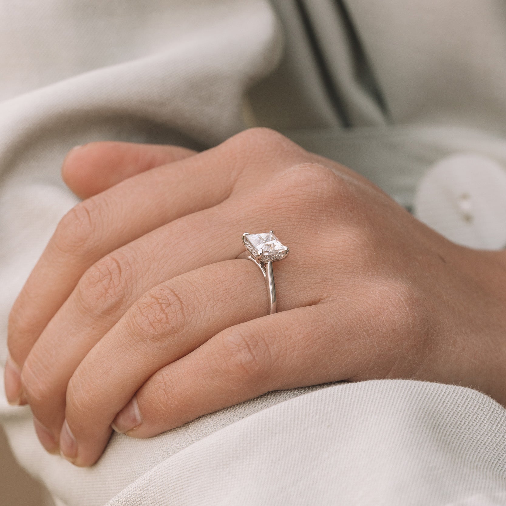 1.90 CT Princess Cut Hidden Halo Moissanite Engagement Ring