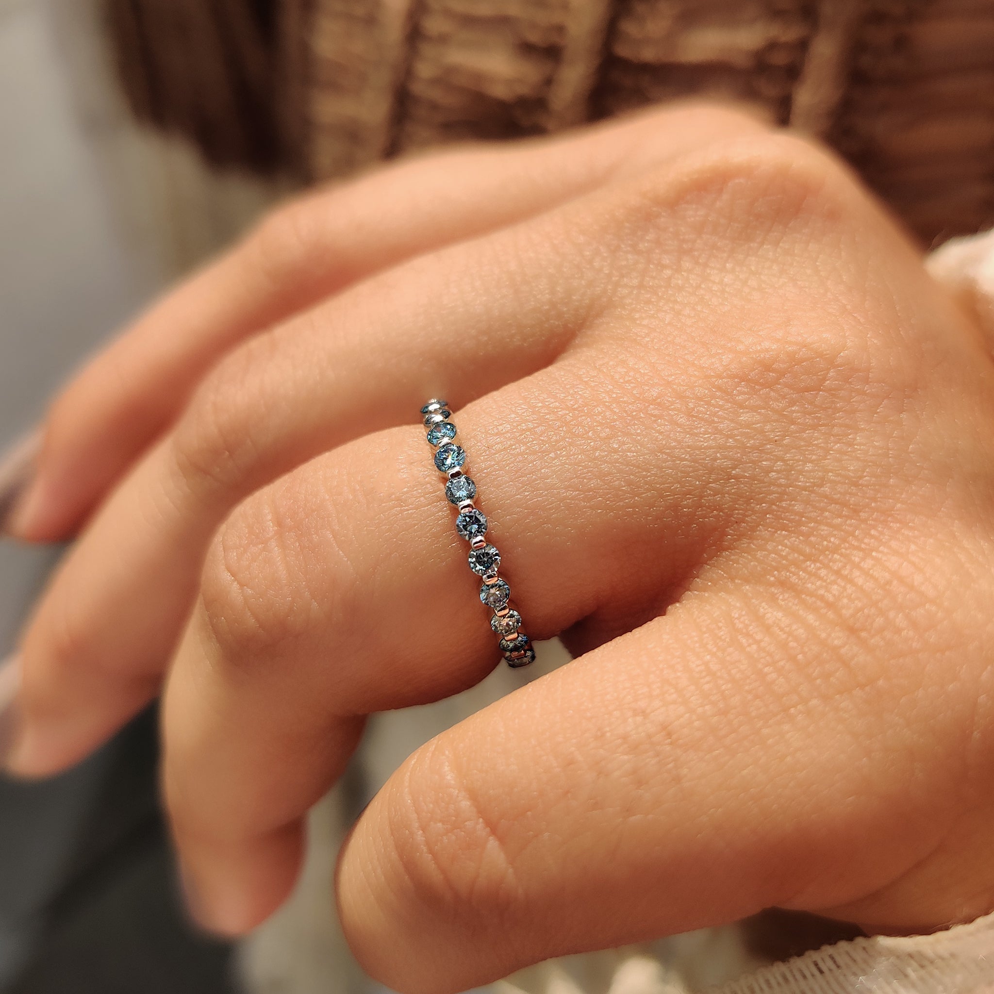 Blue Diamond Wedding Band In Shared Prong Style