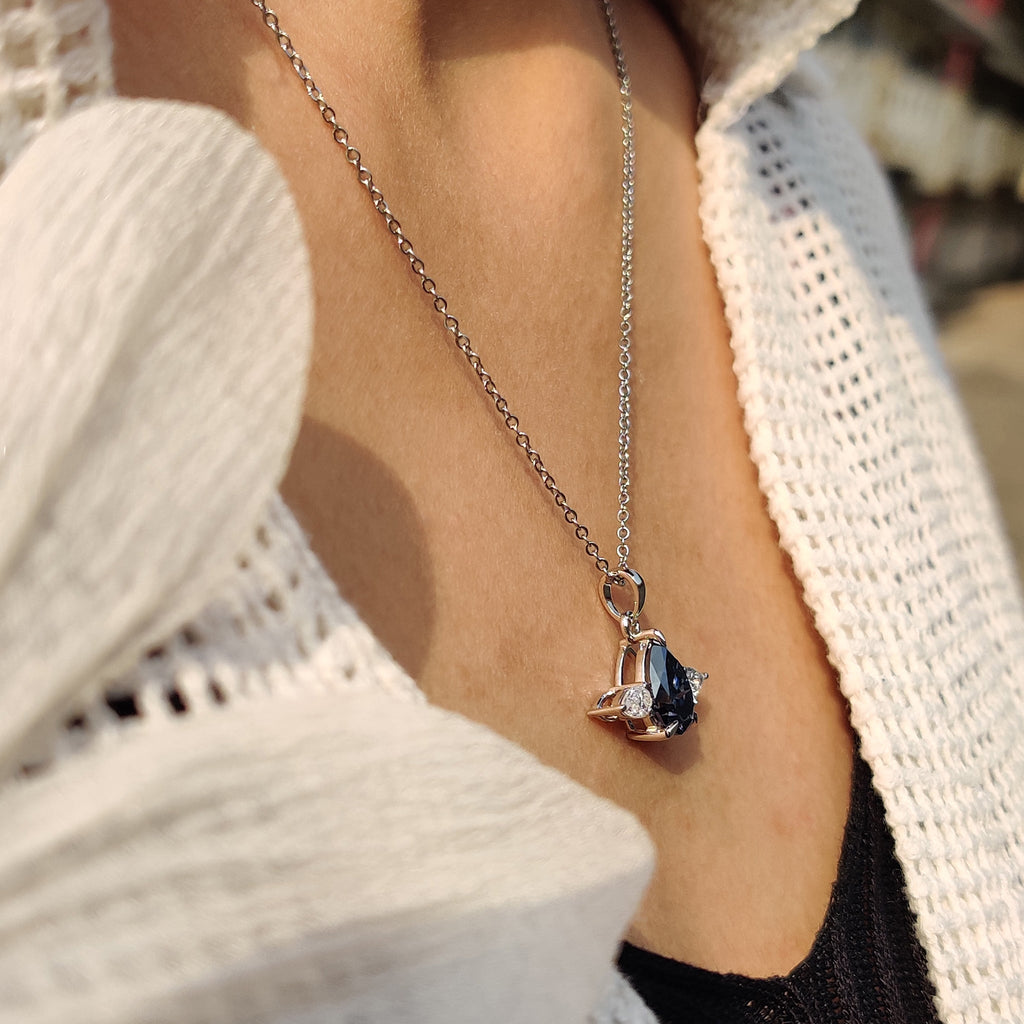 Three Stone Pendant With Royal Dark Blue Pear Moissanite