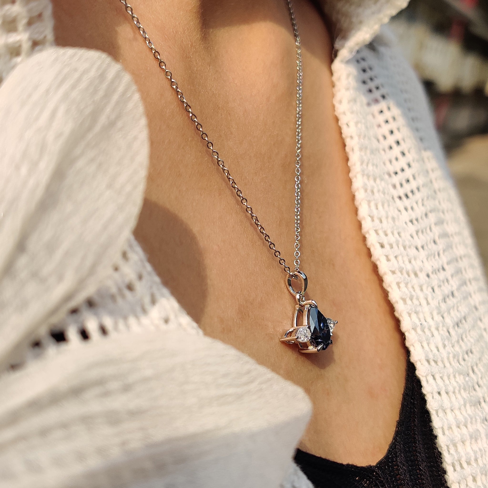 Three Stone Pendant With Royal Dark Blue Pear Moissanite