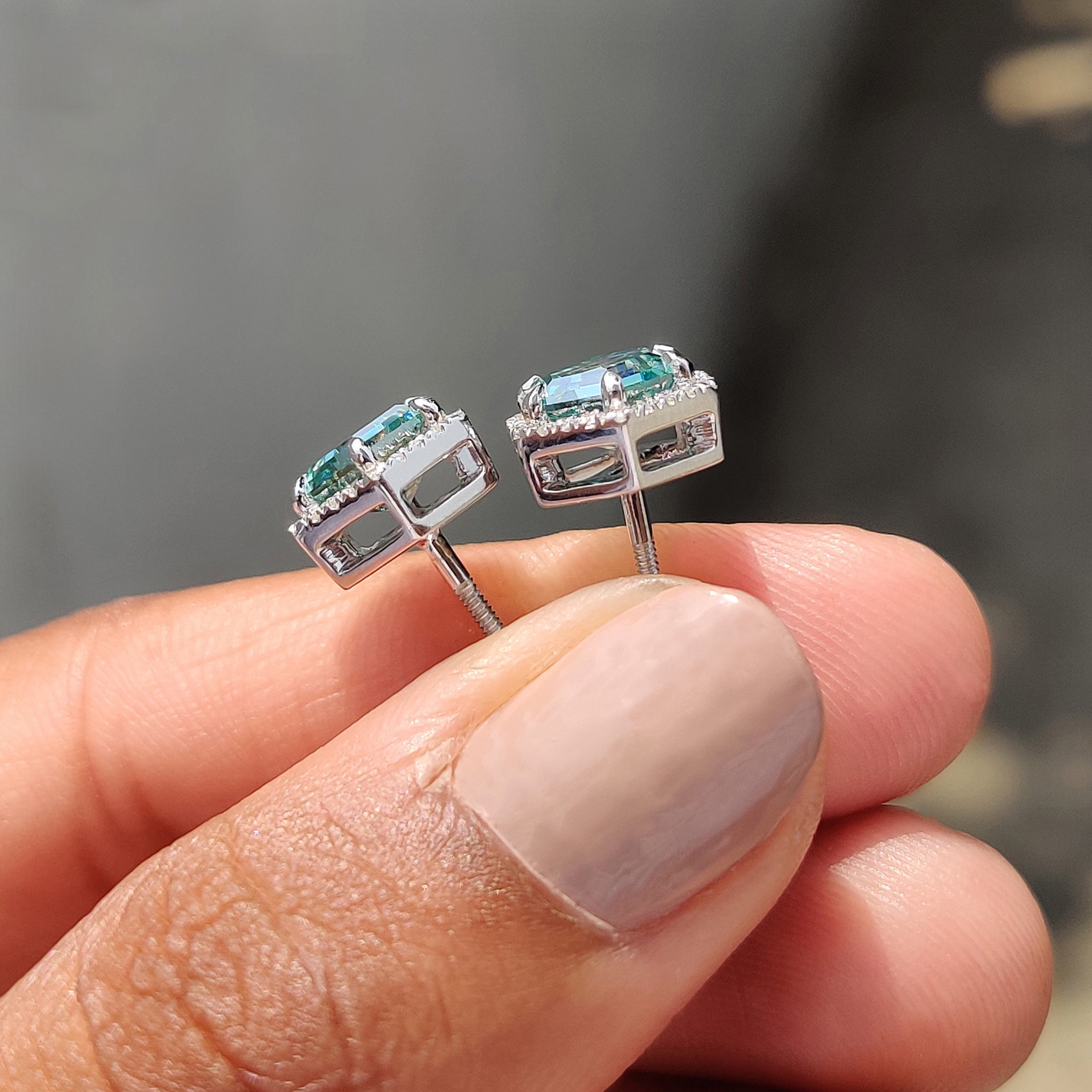 Cyan Blue Hexagon Step Cut Earrings In Halo Style