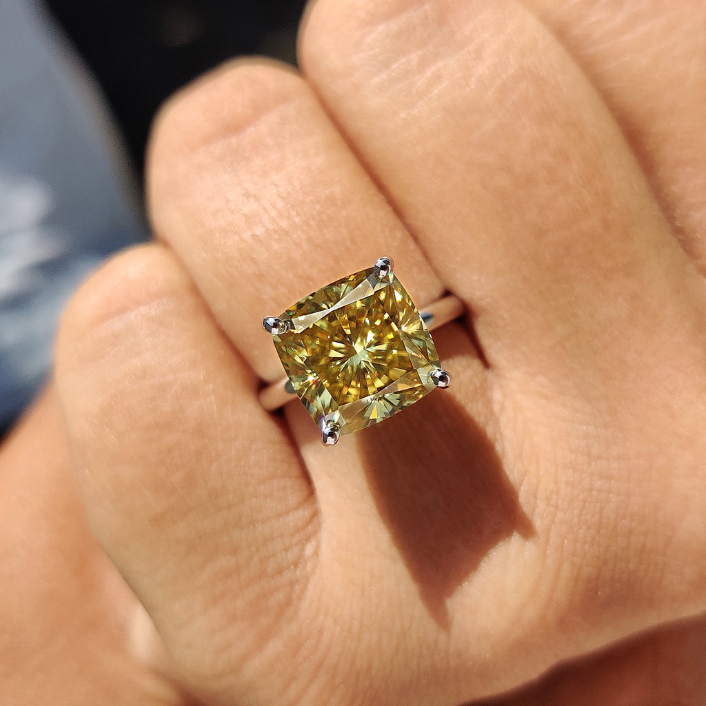 Canary Yellow Cushion Cut Solitaire Ring In Round Prong Setting