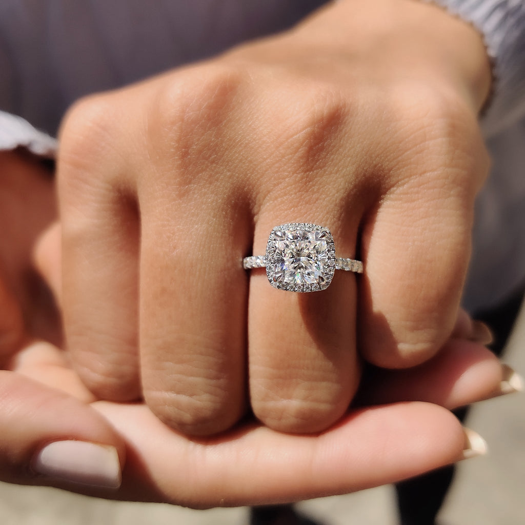 Cushion Cut Halo Engagement Ring in a Pave Band Style