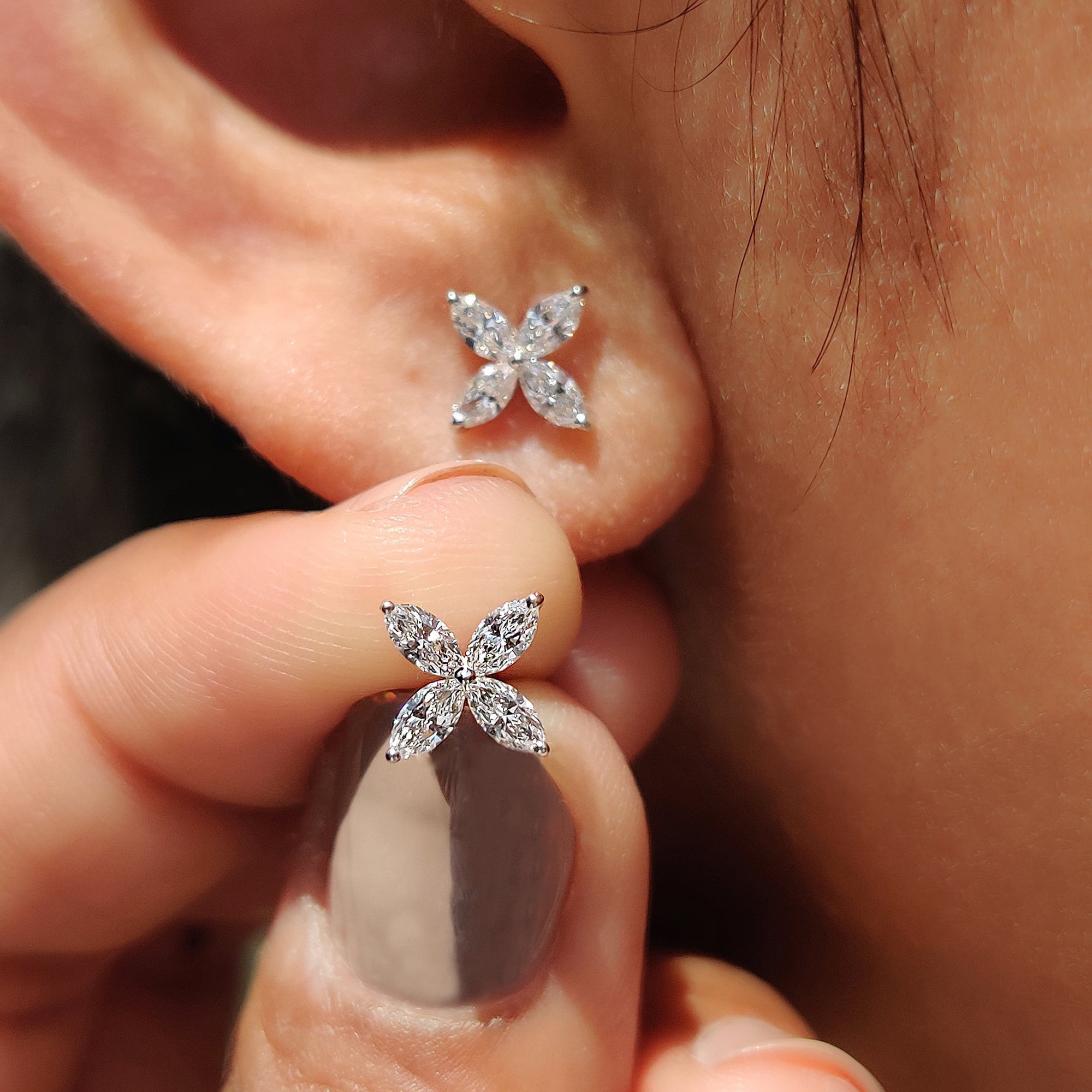 Flower Stud Marquise Cut Diamond Earrings