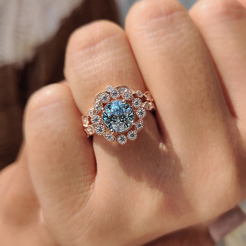 Vintage Bridal Set With Cyan Blue Moissanite Ring