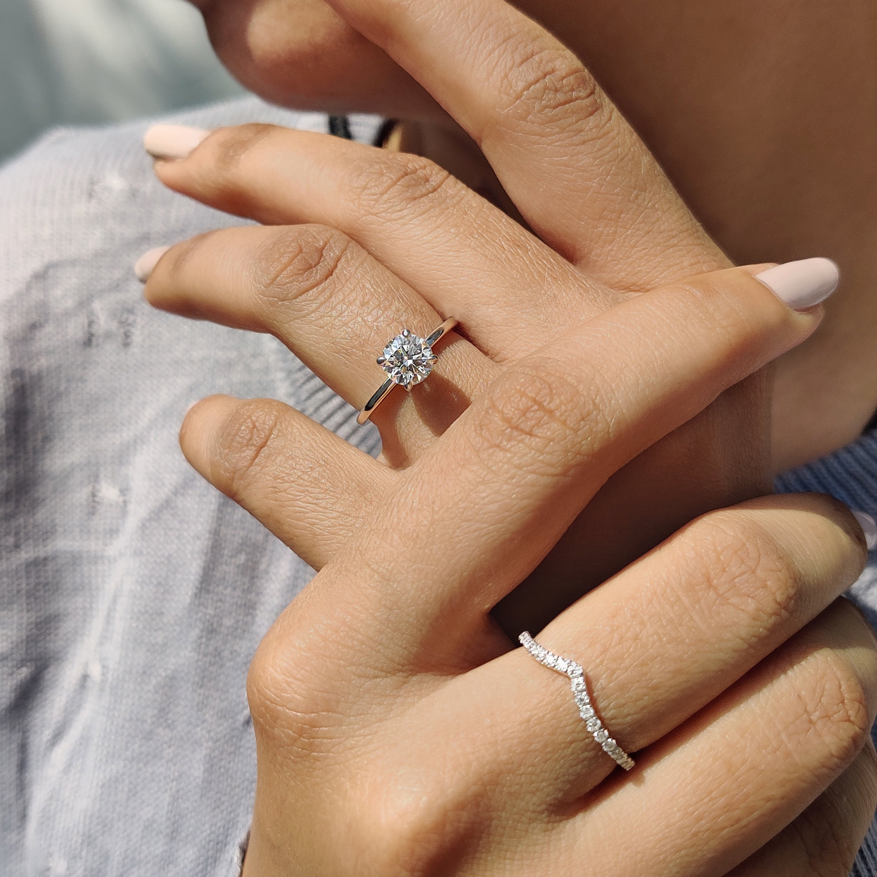 Round Cut Moissanite White Gold Bridal Set With V Shaped Band