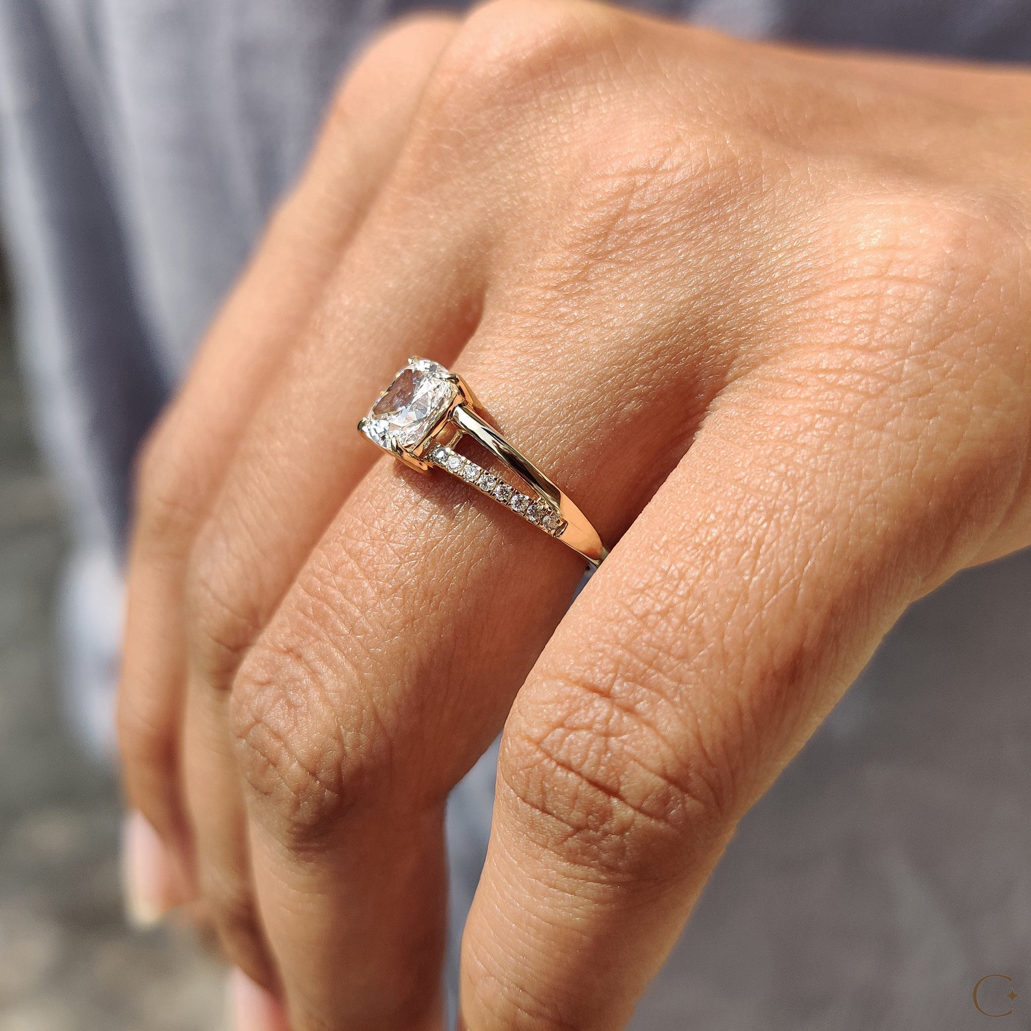 Cushion Cut Diamond Engagement Ring In Split Pave Style