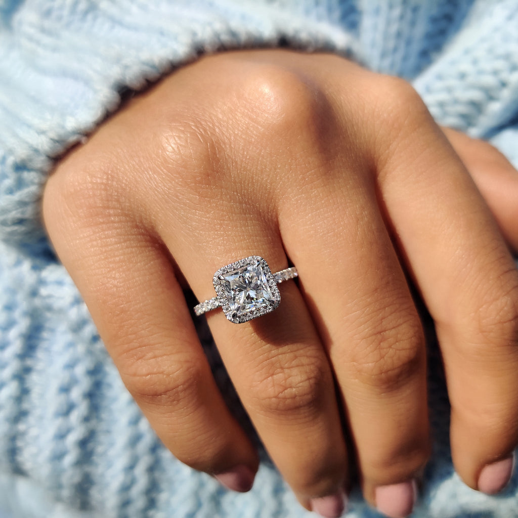 Princess Cut Moissanite Ring in classic pave setting
