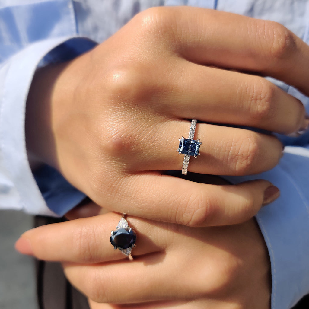 Radiant Cut Blue Moissanite Ring In Pave Setting