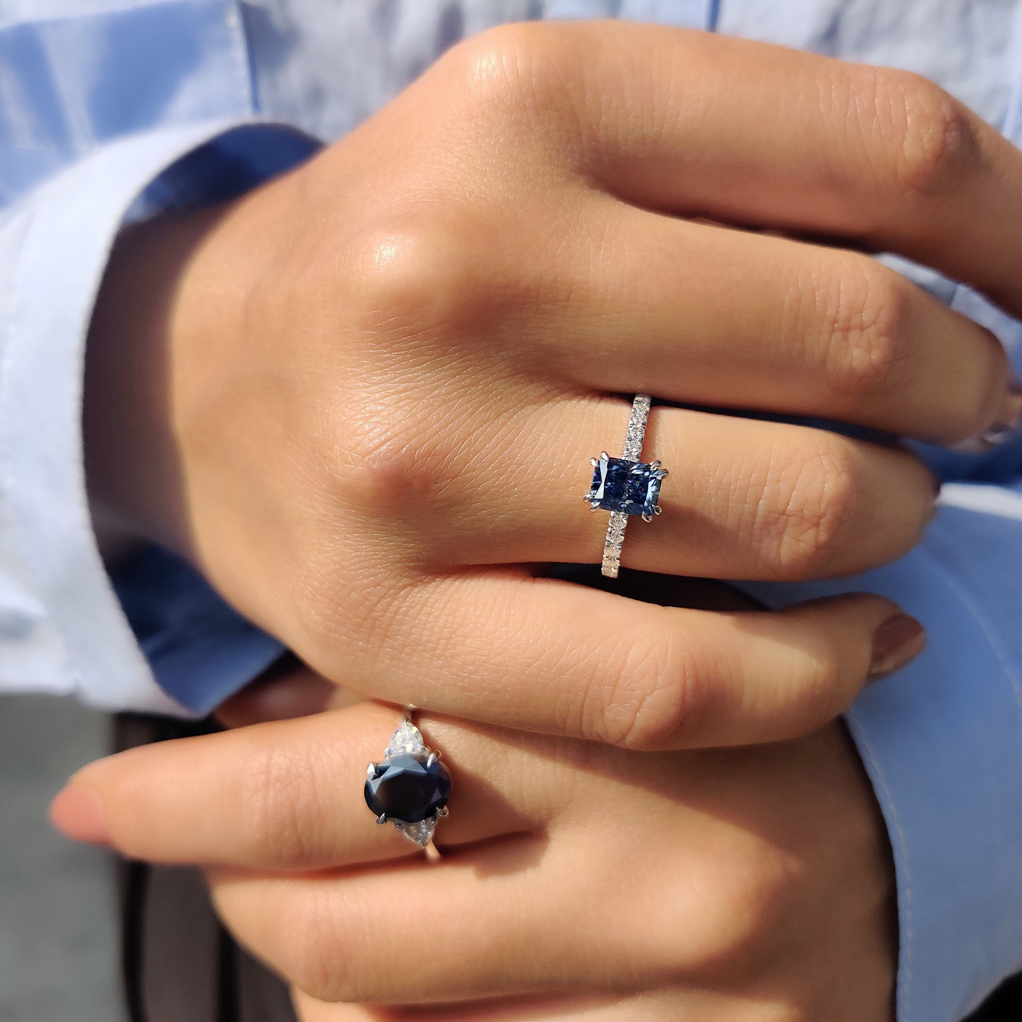 Radiant Cut Blue Moissanite Ring In Pave Setting