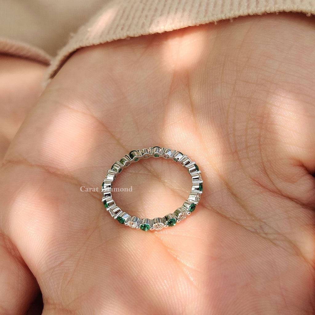 Green Emerald and Diamond Wedding Band